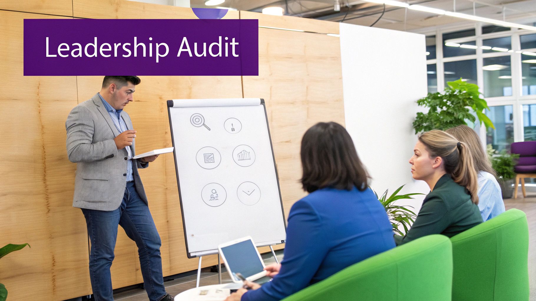 A man presents a leadership audit on a flipchart to colleagues in a modern office.