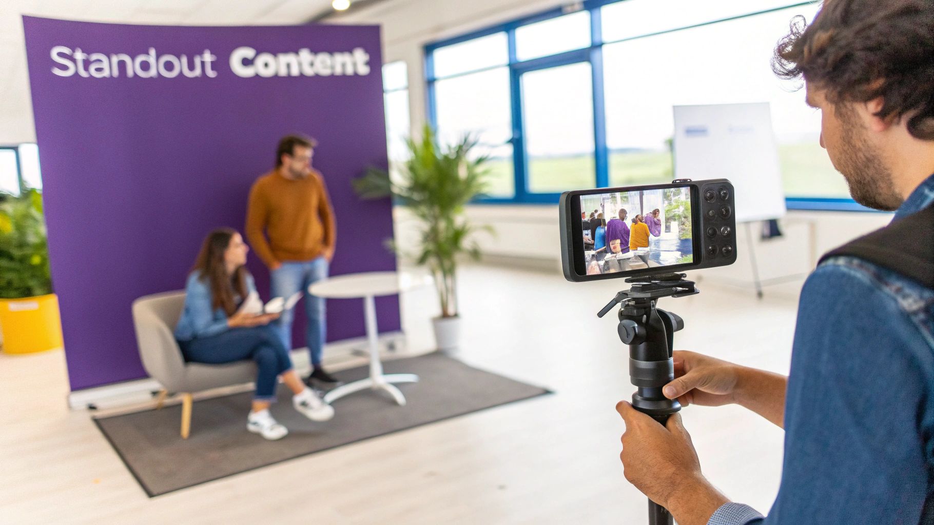A person filming an interview setup with a smartphone on a tripod for standout content.