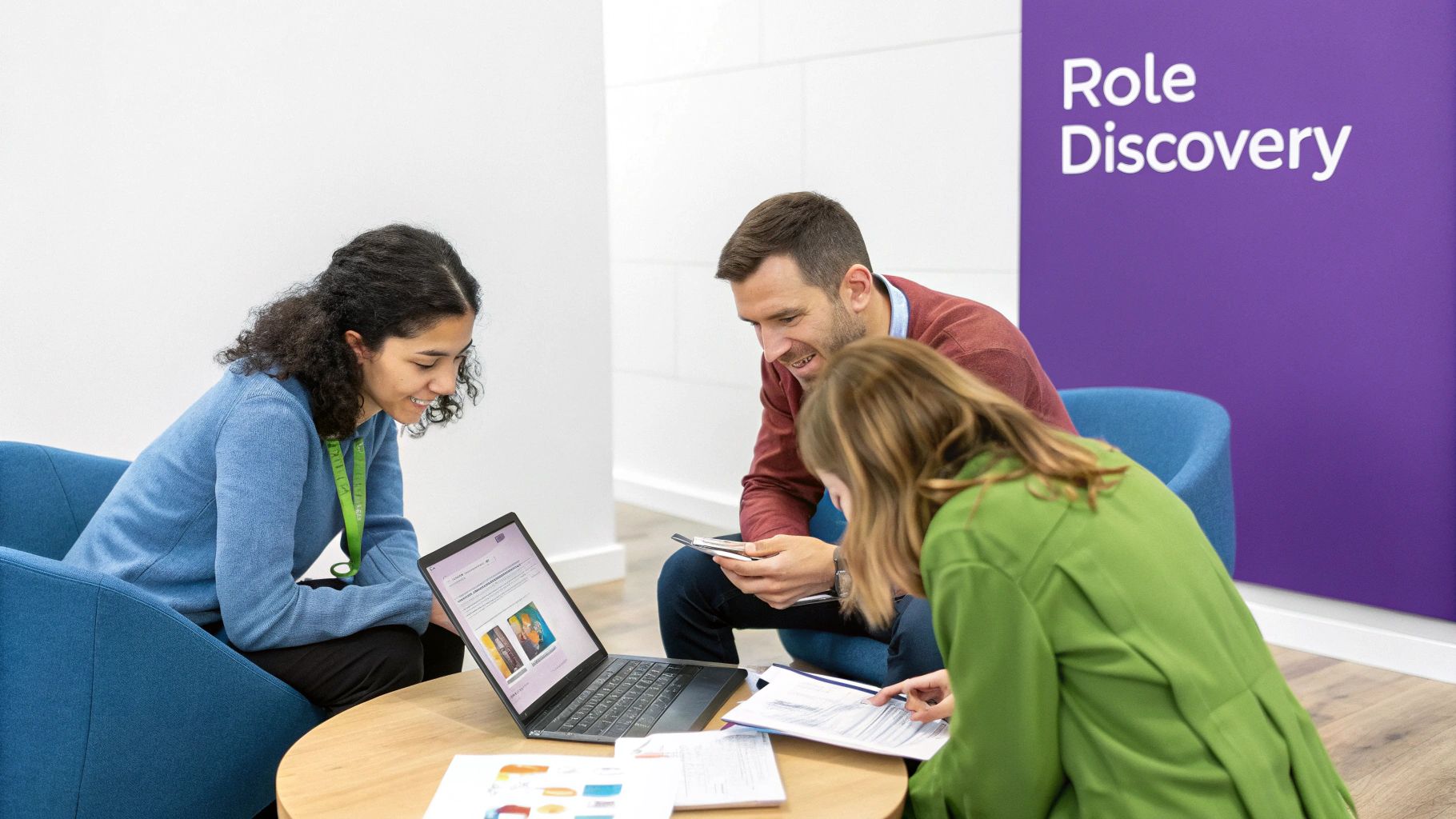Three diverse colleagues collaborate around a laptop and documents during a Role Discovery session.