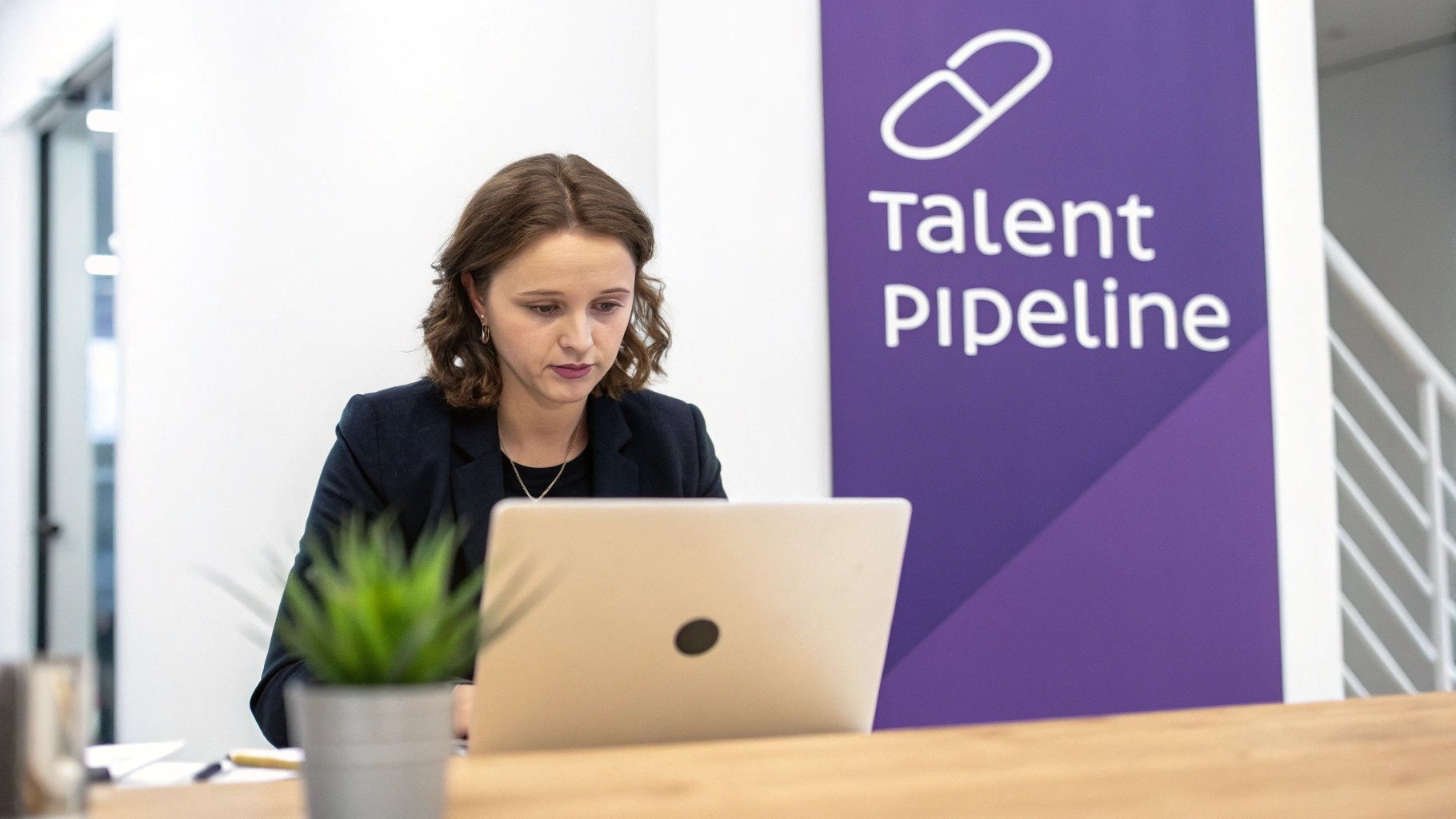 A professional woman works on a laptop at an office desk with a 'Talent Pipeline' banner.