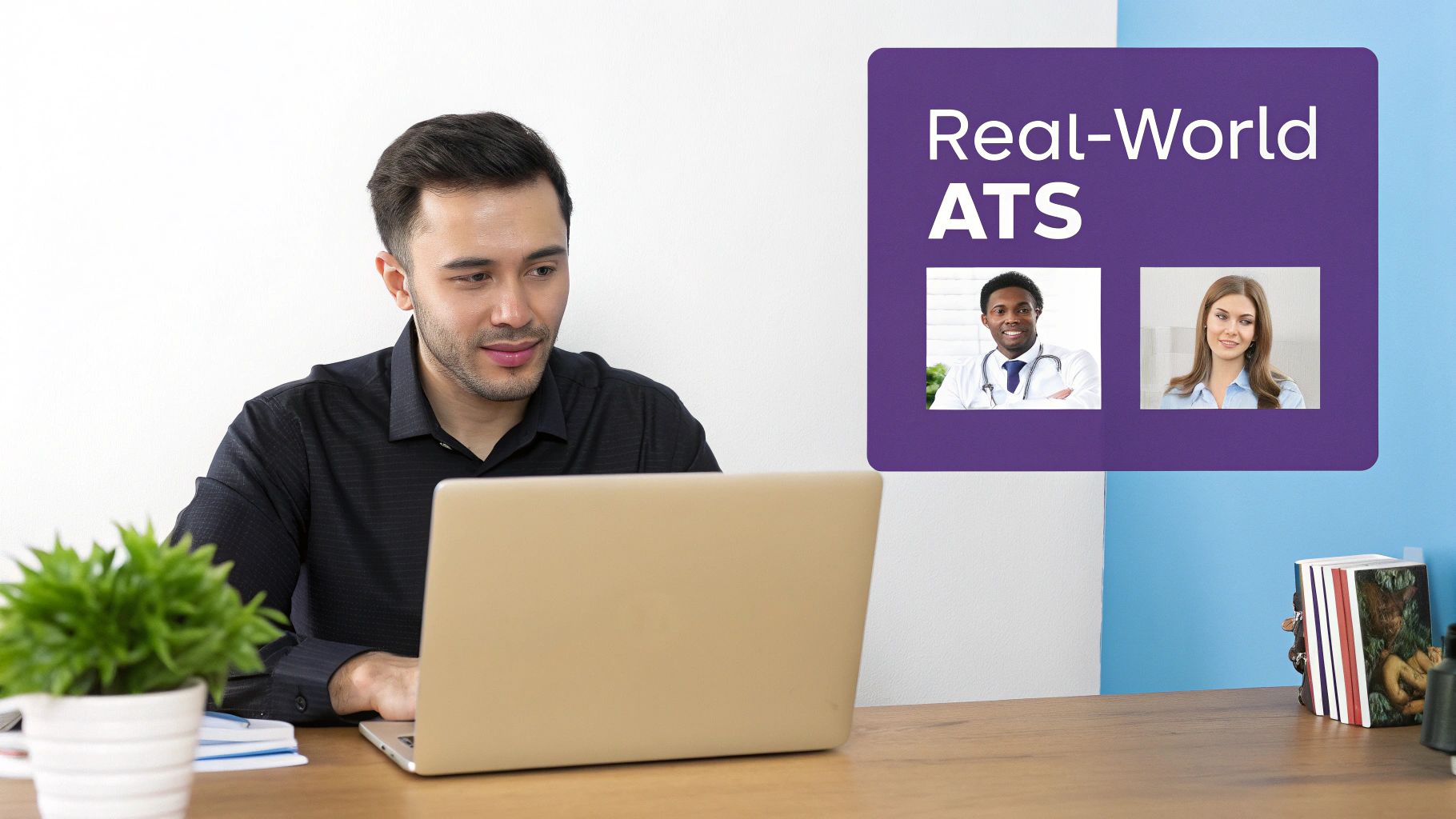 Man using laptop computer reviewing applicant tracking system with healthcare professional profiles displayed