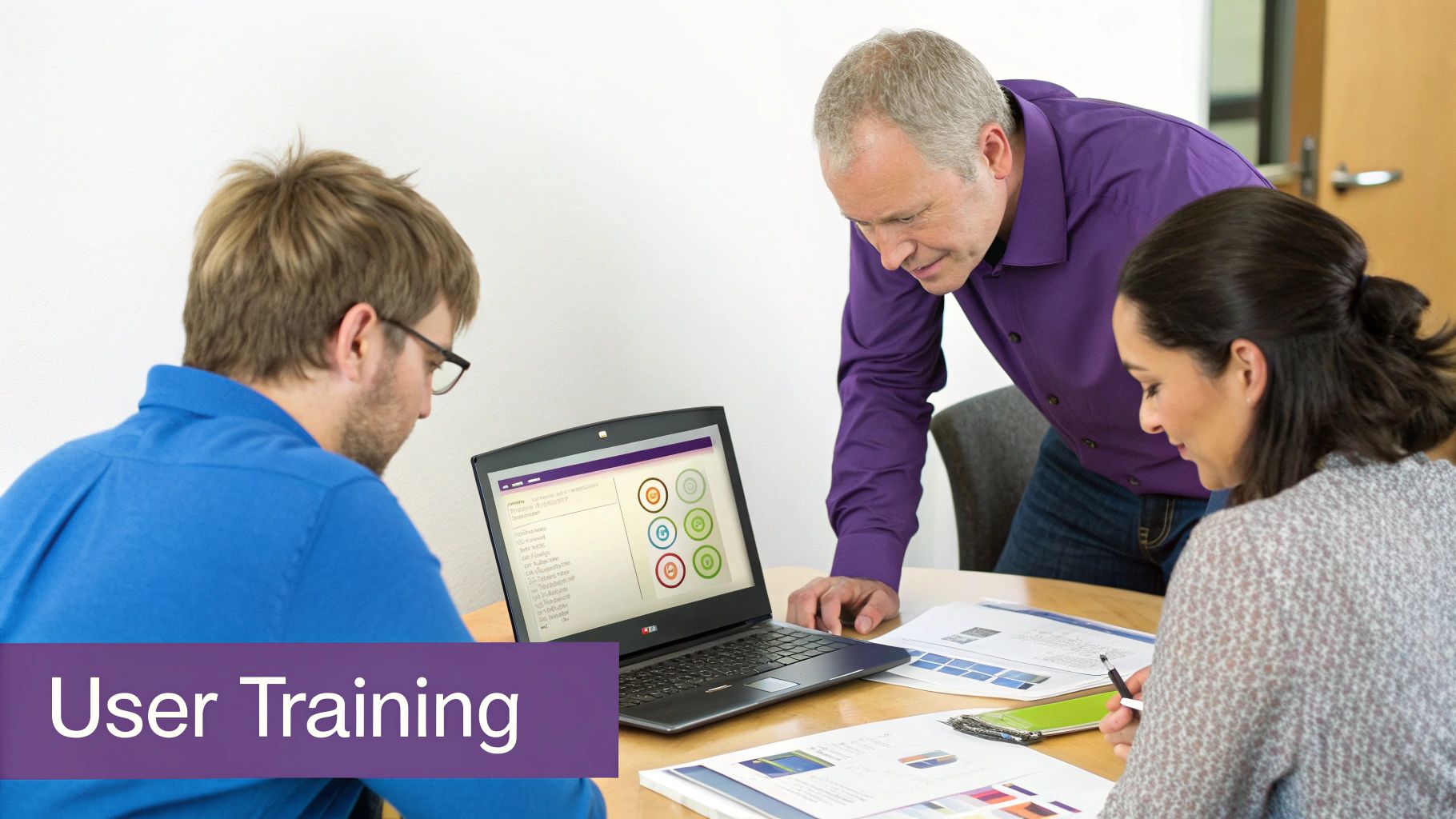 Three diverse professionals engaged in user training, looking at a laptop and documents on a table.
