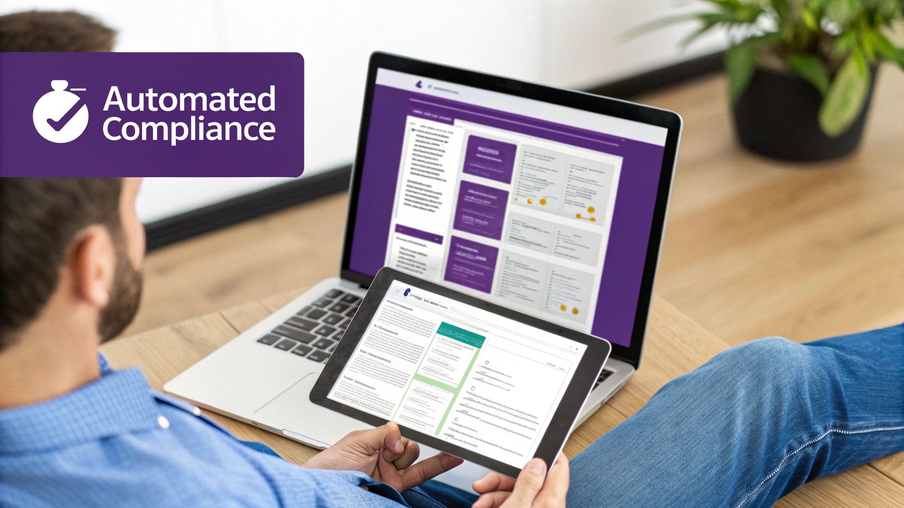 A man works on a laptop and tablet, displaying automated compliance management software.