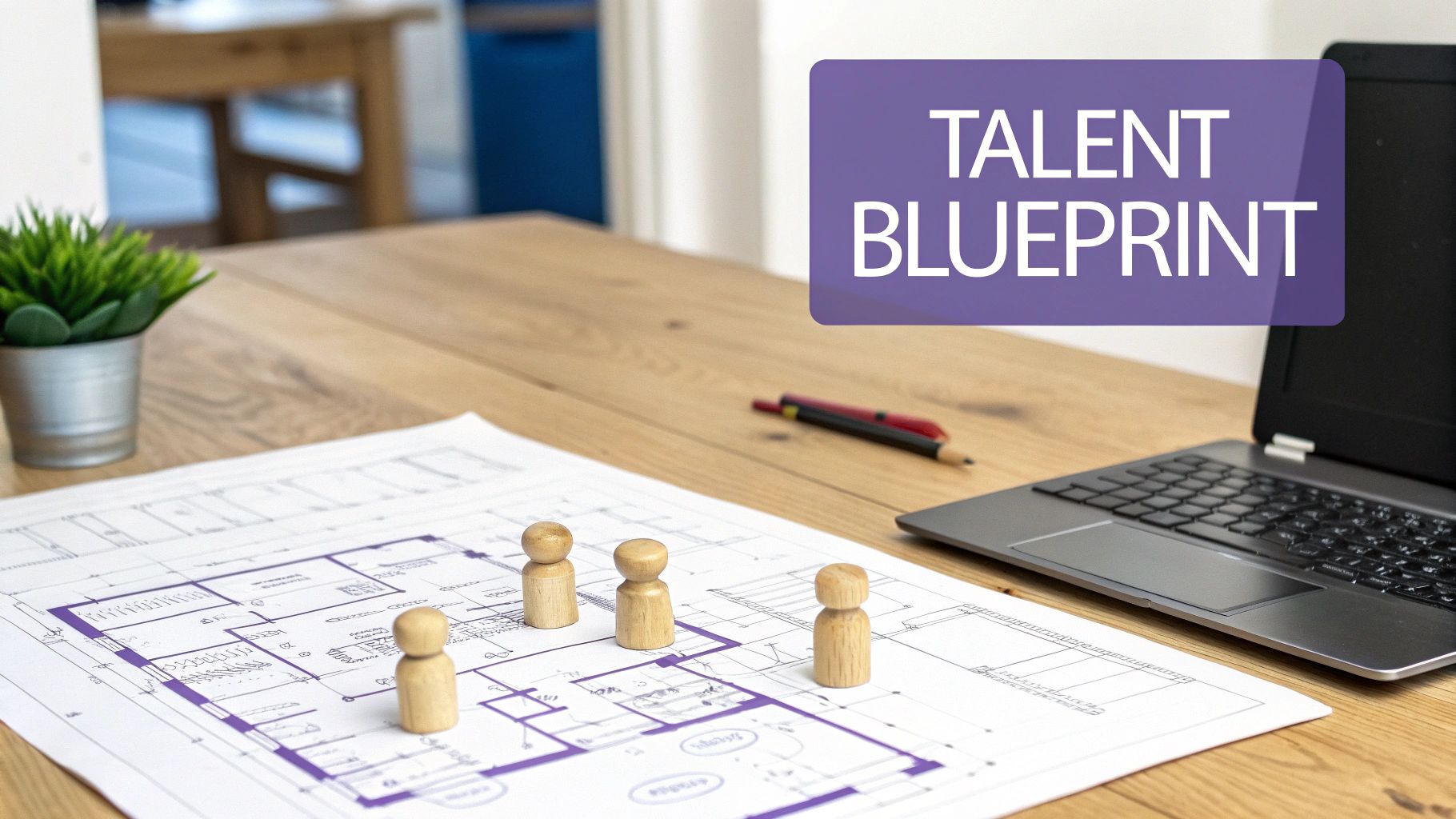 An office desk with a 'Talent Blueprint' document, wooden figures, a laptop, and a plant.