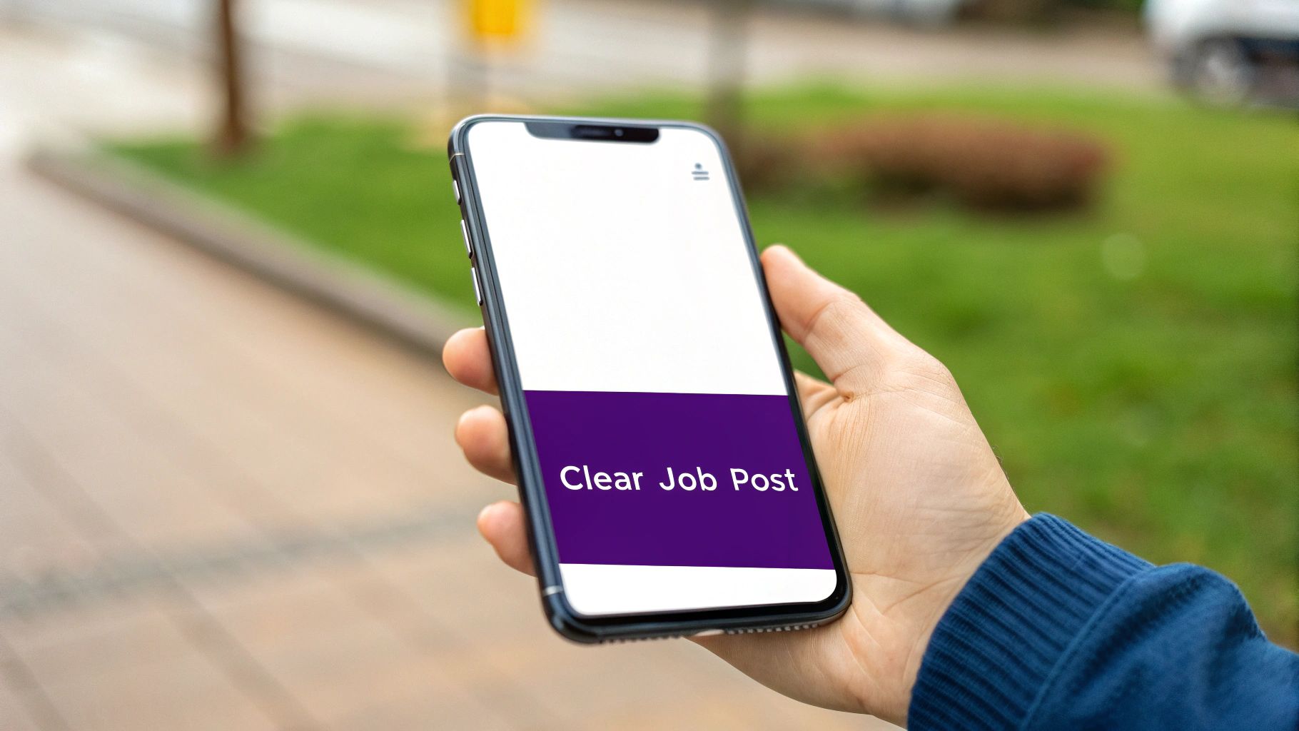 A person's hand holds a smartphone displaying 'Clear Job Post' on a purple bar, outdoors.