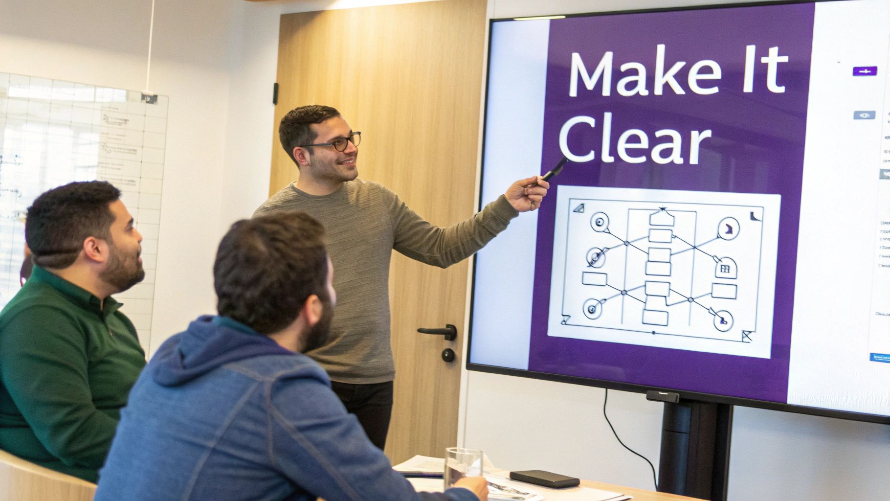 A man presents a 'Make It Clear' diagram on a large screen to two attentive colleagues in a meeting.