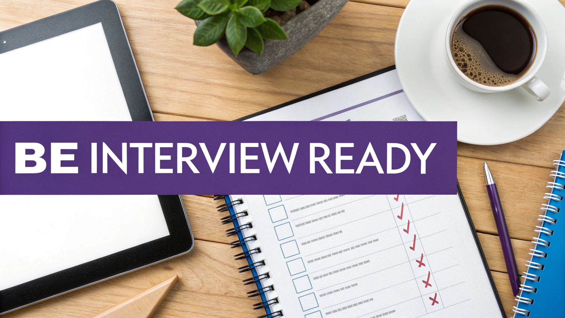 A person sitting at a desk, reviewing notes and preparing for a screening interview on their laptop.