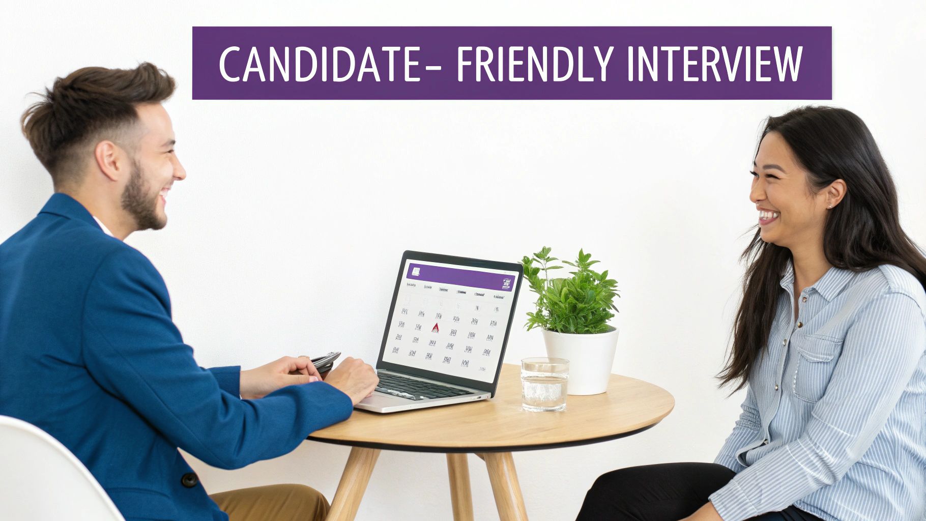 A man and woman smiling during a candidate-friendly interview, sitting at a table with a laptop.