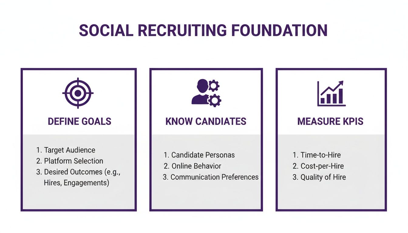 A diagram outlining the social recruiting foundation with sections for defining goals, knowing candidates, and measuring KPIs.