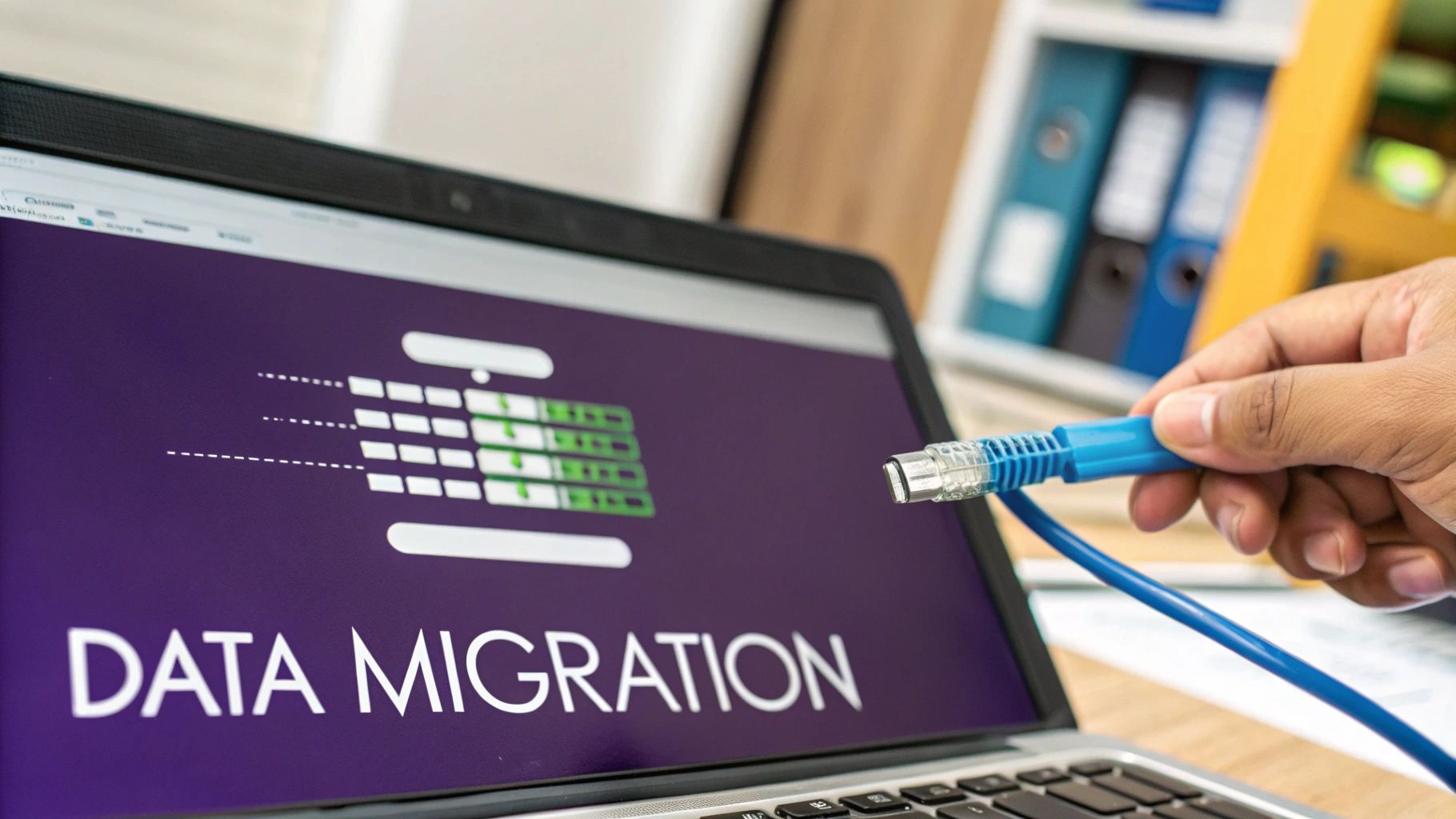 Hand holding an Ethernet cable connecting to a laptop displaying "DATA MIGRATION" for data transfer.