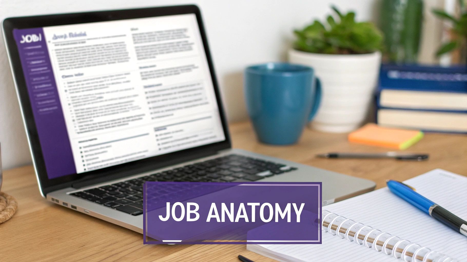 A laptop displaying a resume, with 'JOB ANATOMY' overlay, on a wooden desk alongside office supplies.