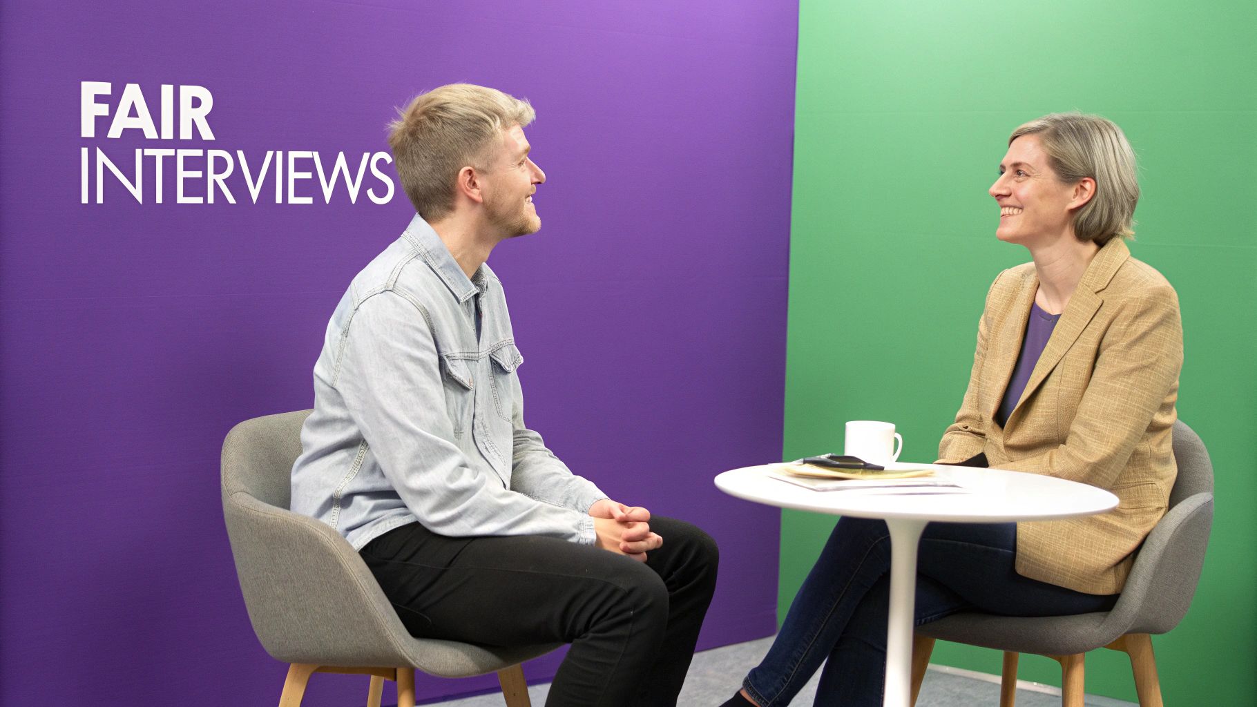 A hiring manager and a candidate having a positive, engaging conversation in a modern office.