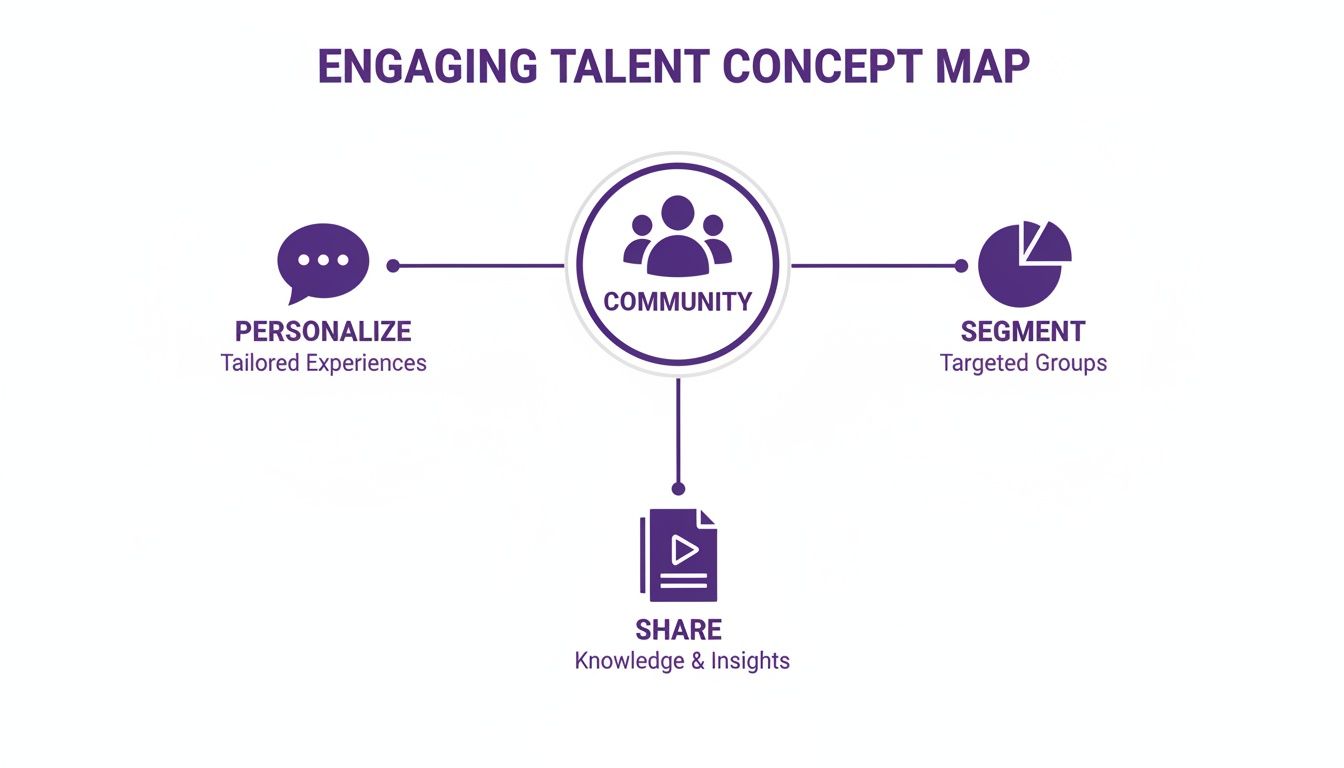 Concept map illustrating talent engagement strategies focusing on community, personalization, segmentation, and knowledge sharing.