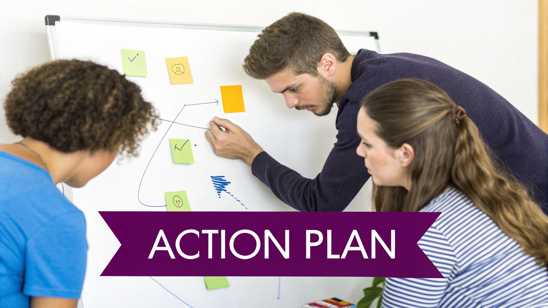 Three colleagues collaborate on a whiteboard, strategizing with sticky notes and diagrams for an action plan.