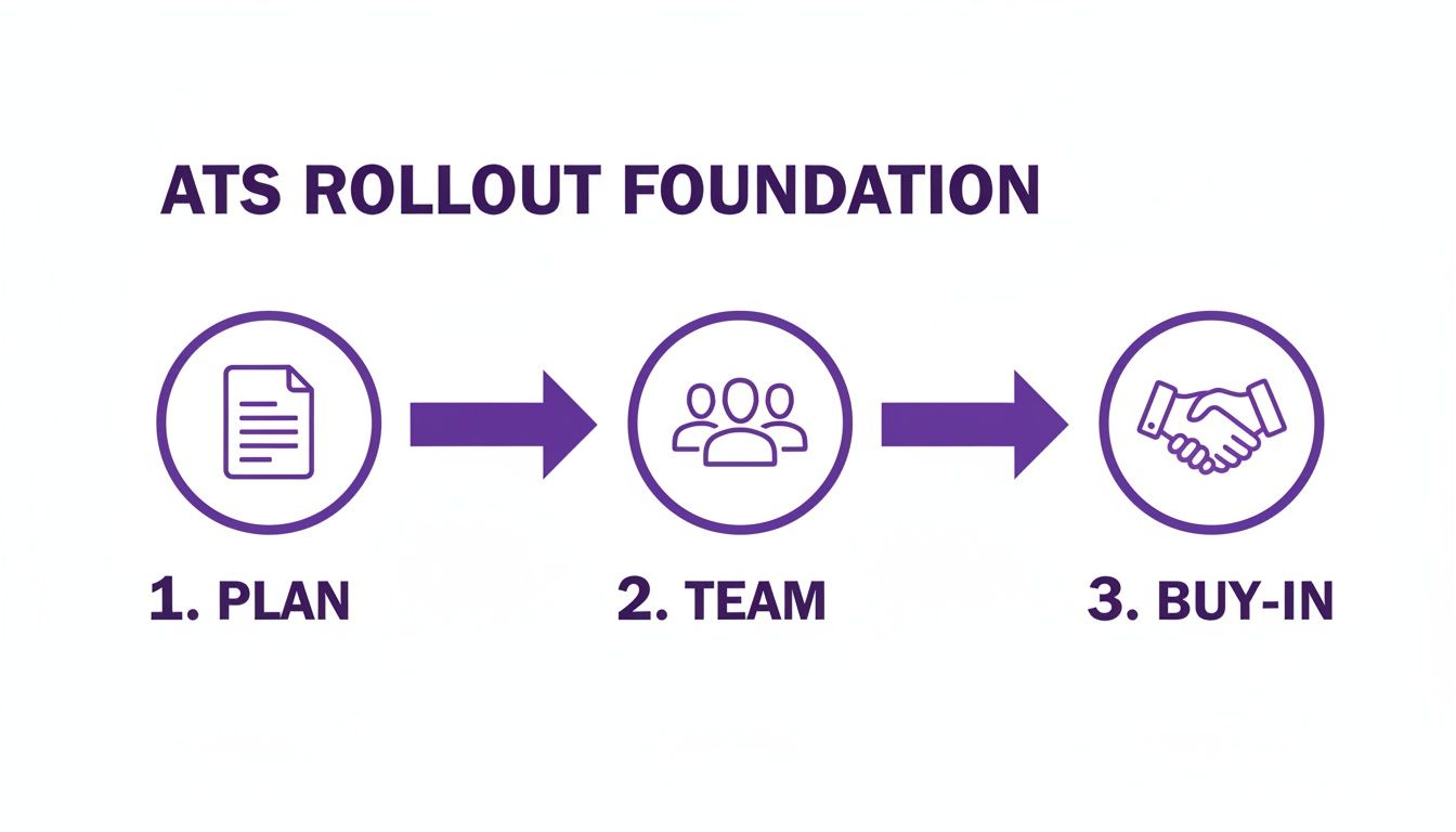 Infographic showing three key steps for ATS rollout foundation: plan, team, and buy-in.