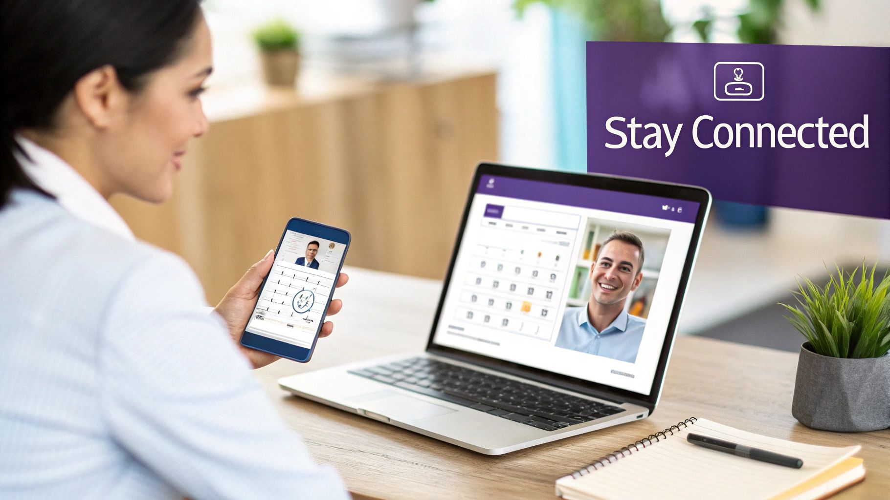 A woman uses a smartphone and laptop to connect with a candidate's profile.