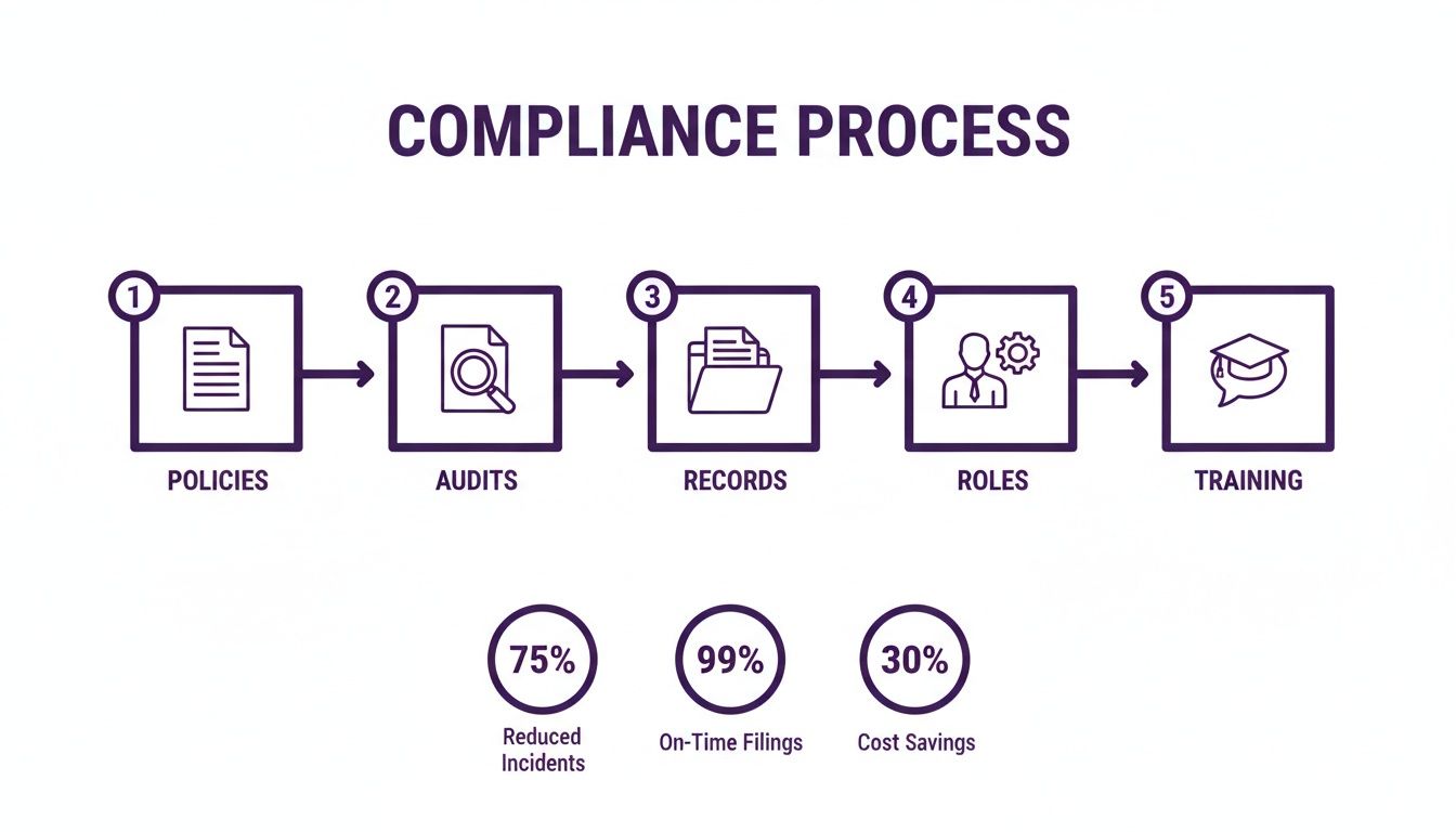 Diagram showing a 5-step compliance process: Policies, Audits, Records, Roles, Training, and key benefits.