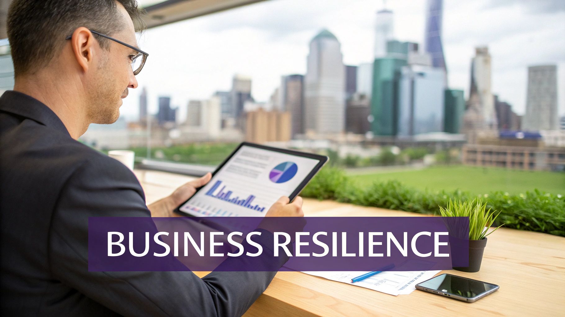 A man in a suit reviews business analytics on a tablet, with a city skyline backdrop, representing business resilience.