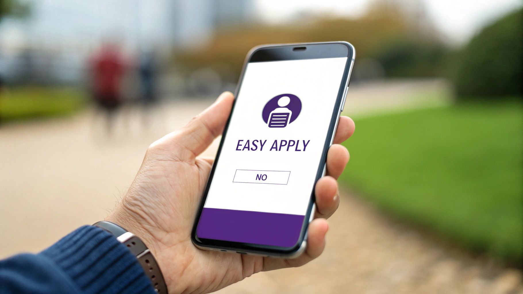 A person smiling as they easily apply for a job on their mobile phone.