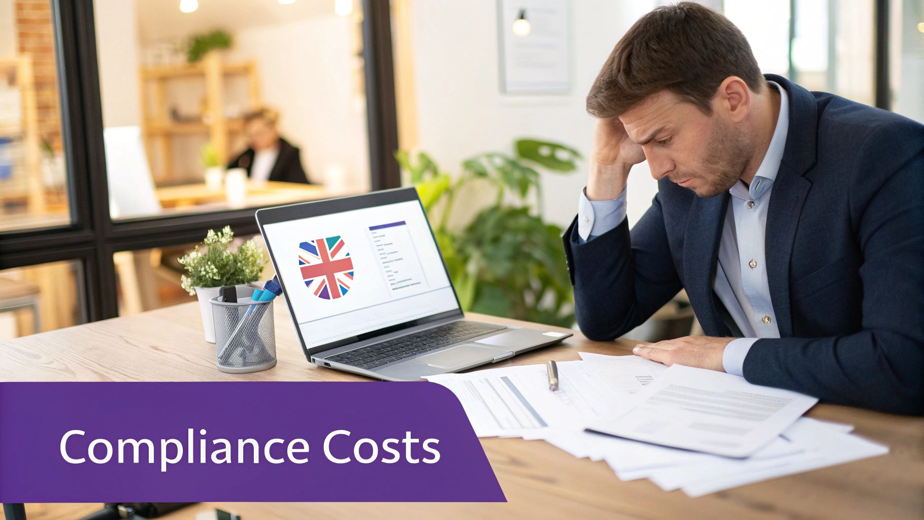 Stressed man reviews compliance documents and UK-related data on a laptop, with 'Compliance Costs' visible.