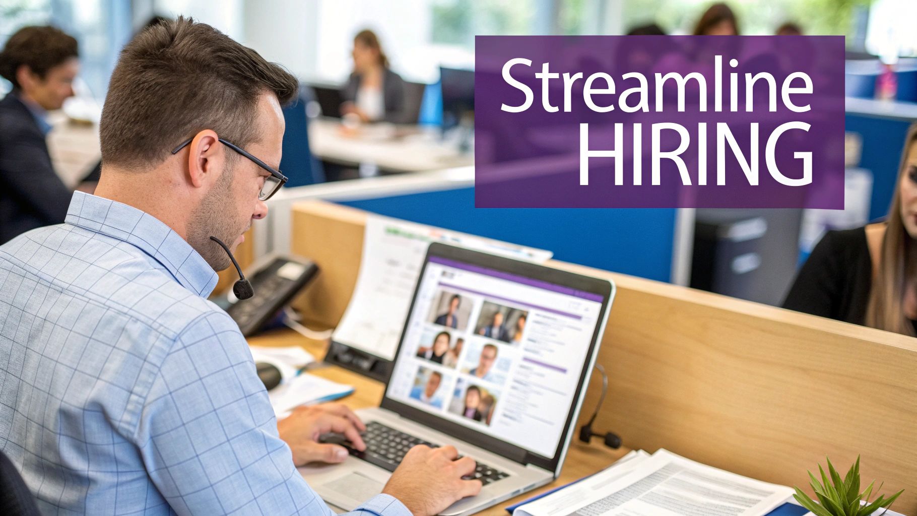A recruitment manager using a laptop to review candidate profiles on an applicant tracking system dashboard