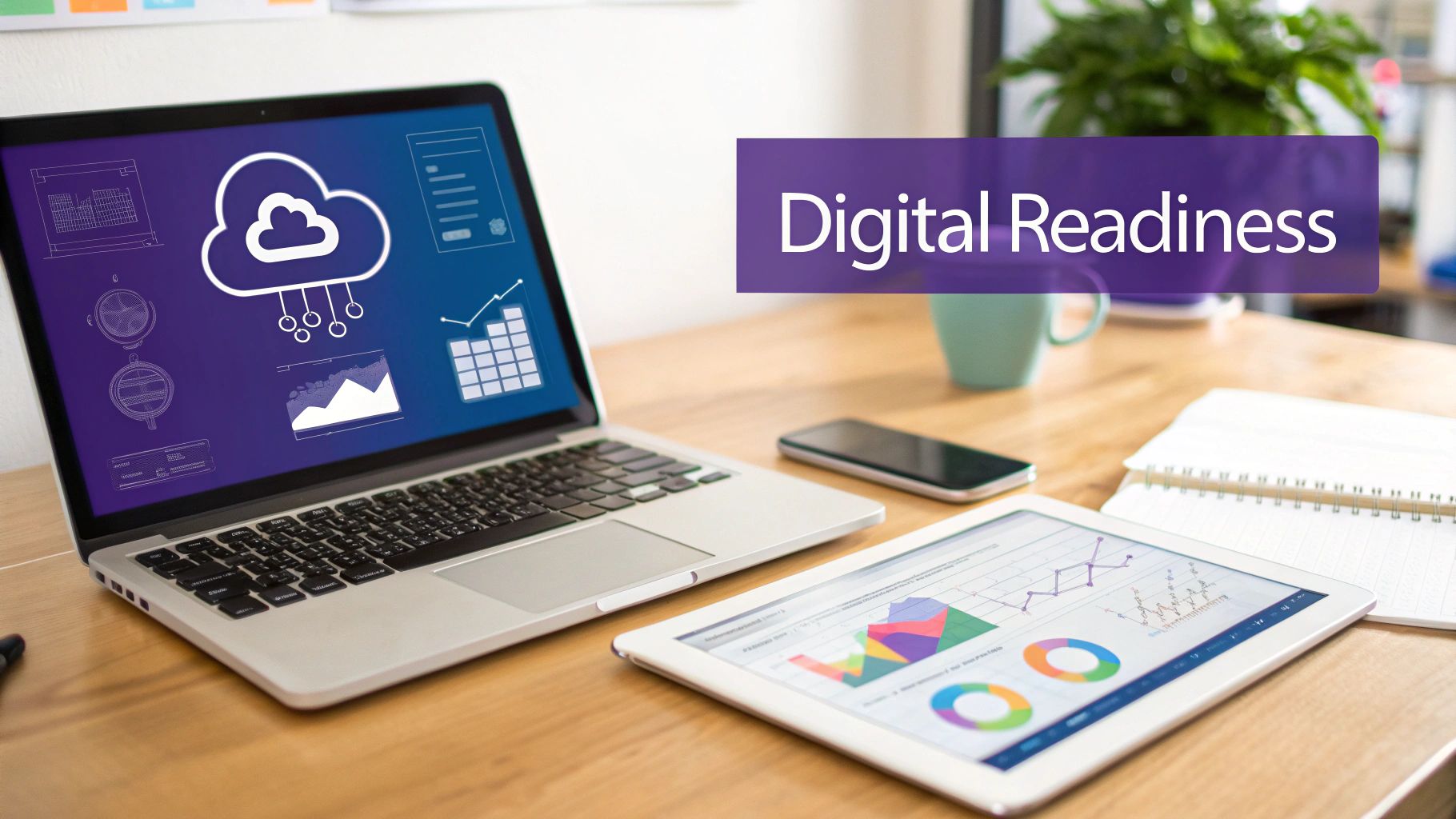 Laptop and tablet displaying cloud computing data visualizations with a 'Digital Readiness' banner.