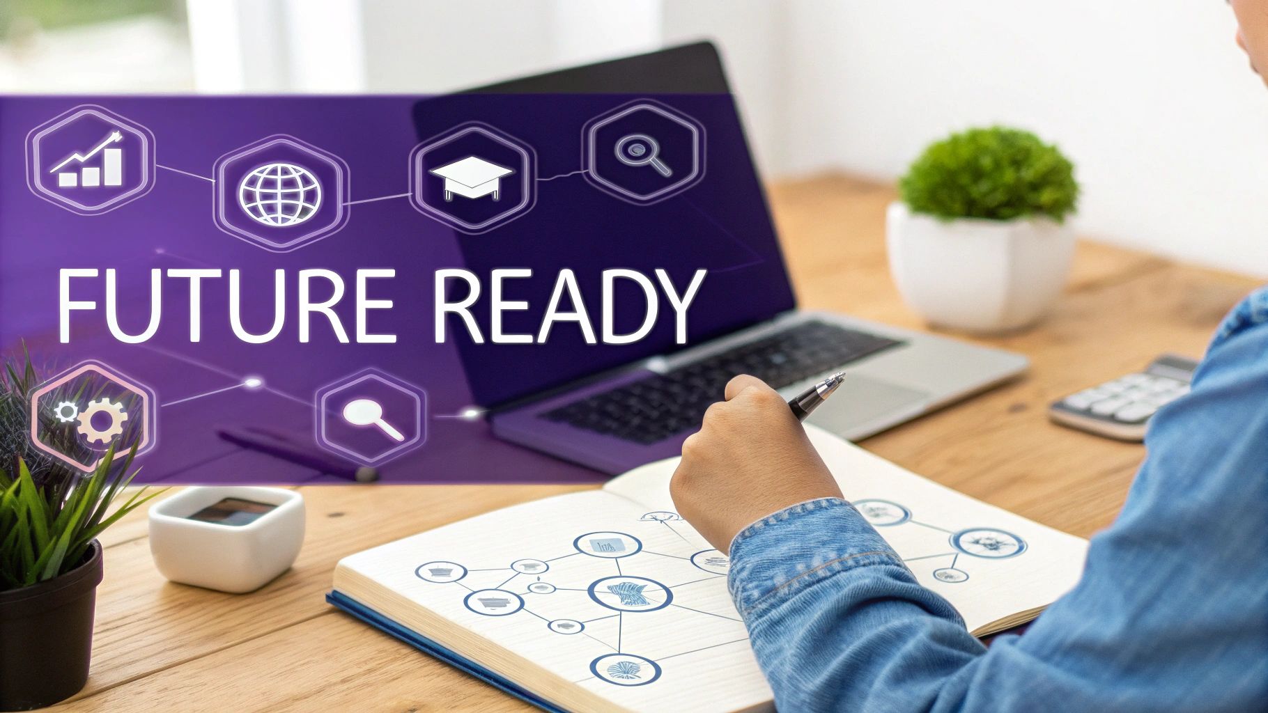 A person writing in a notebook on a wooden desk, with a laptop displaying 'FUTURE READY' and business icons.