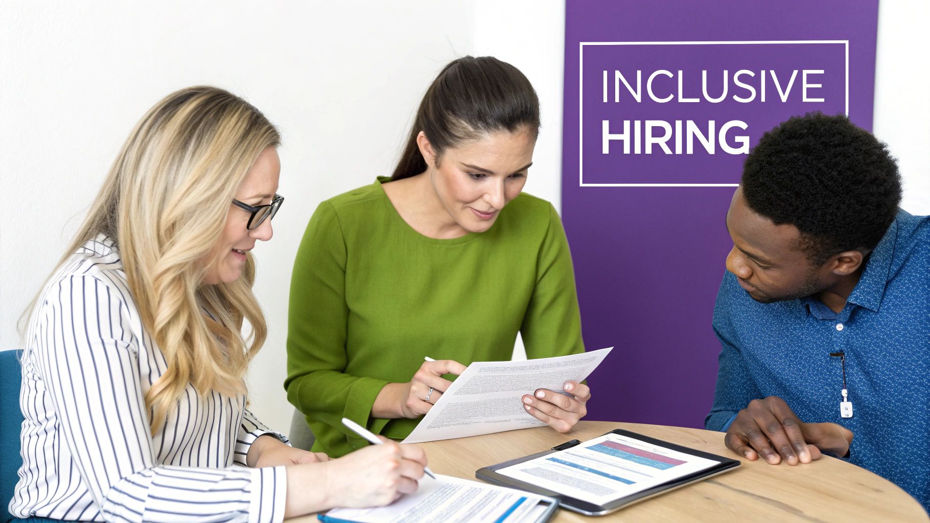 Three diverse colleagues reviewing documents and a tablet at a table, with an 'Inclusive Hiring' banner.