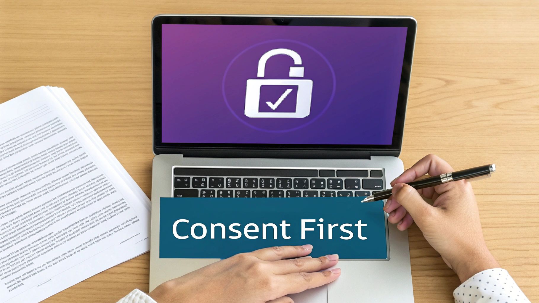 A person signing a legal document on a desk, signifying consent and compliance.