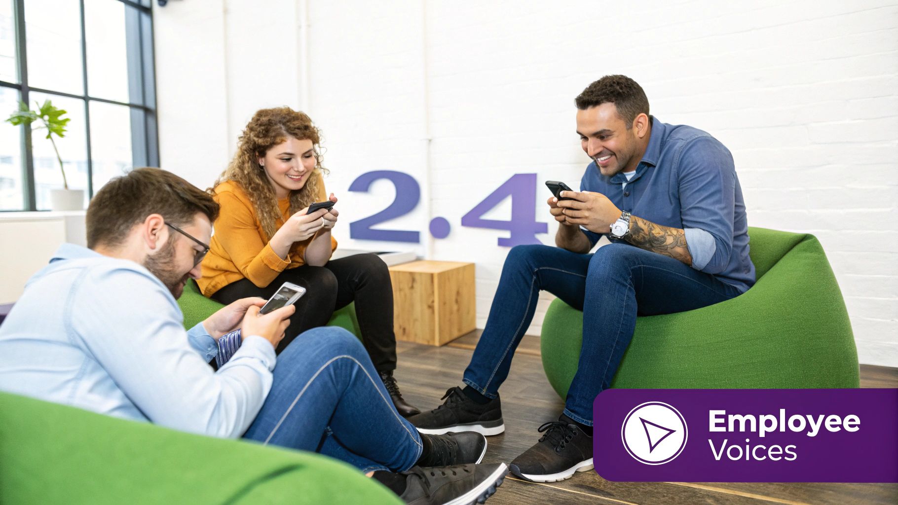 Three happy employees sitting on green bean bags, actively engaging with their smartphones in a modern office.