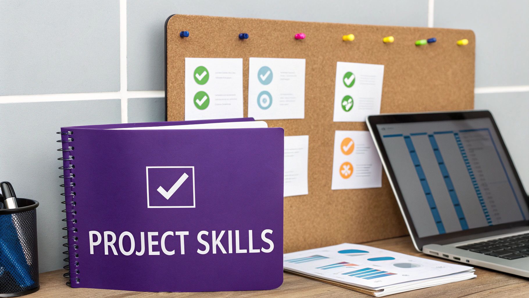 A desk setup with a purple 'PROJECT SKILLS' notebook, cork board, laptop, and charts, signifying project management.