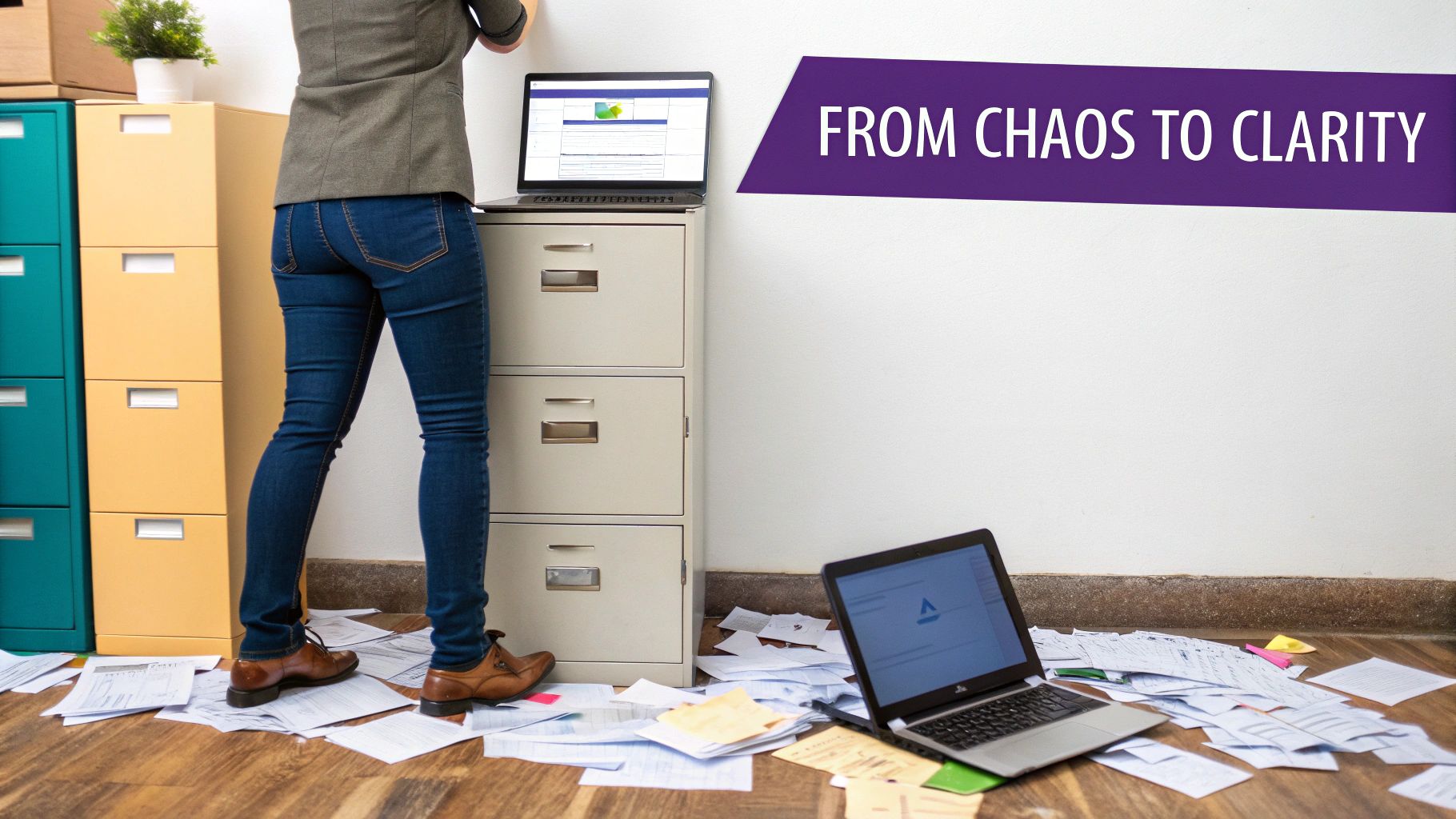 Messy office scene with scattered papers, filing cabinets, and laptops, symbolizing the transition from chaos to clarity.