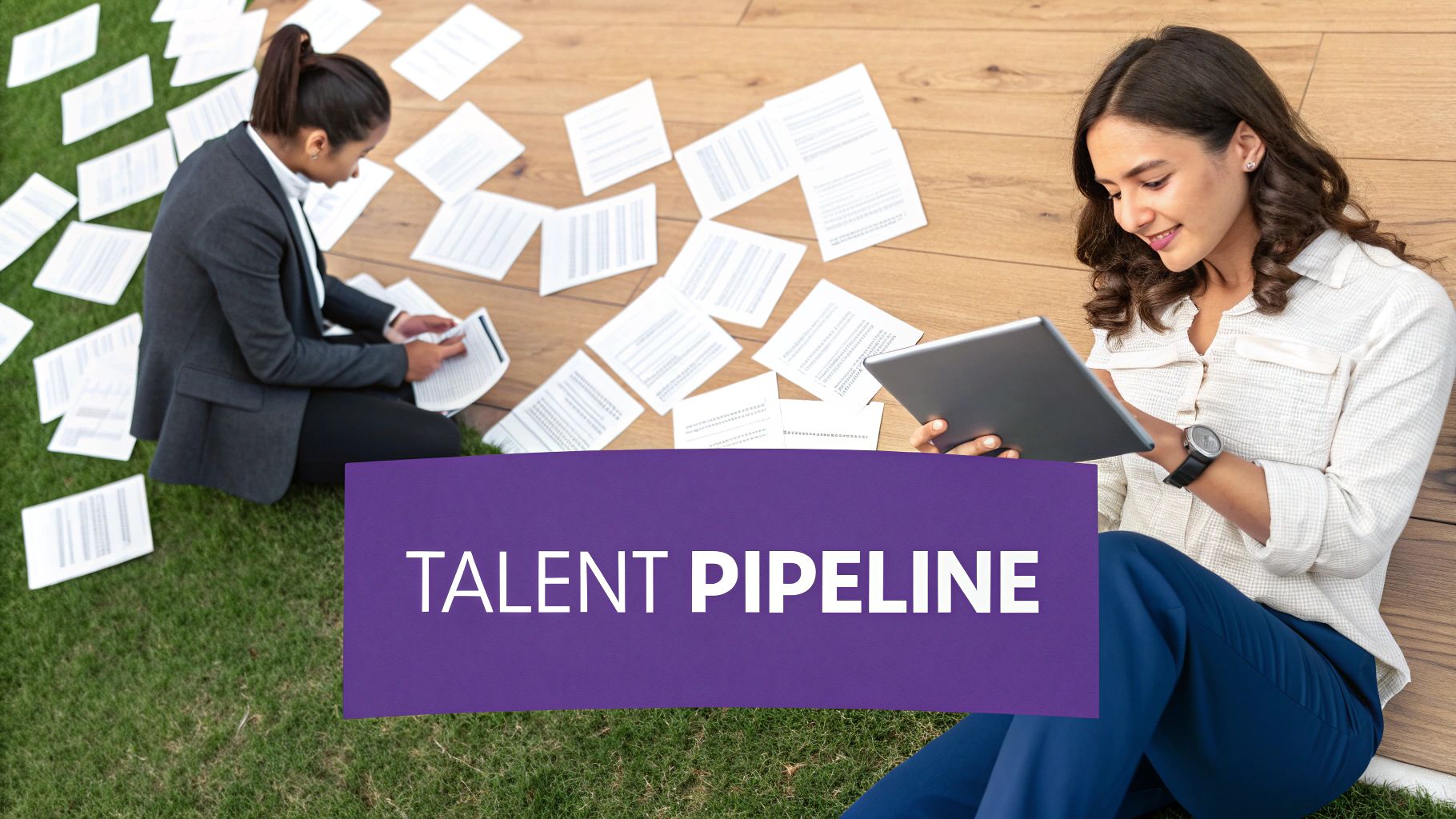 Two professionals managing a talent pipeline outdoors, surrounded by papers and using digital devices.
