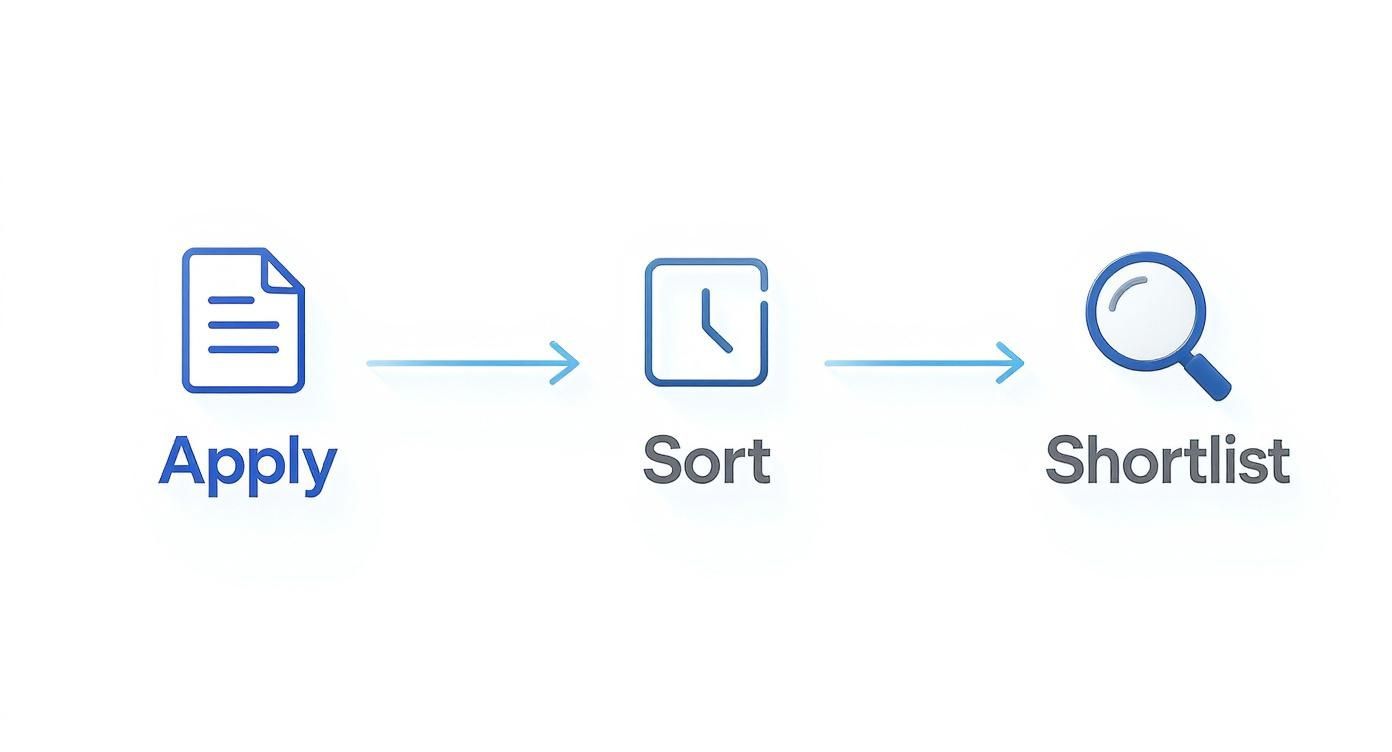 Applicant tracking system workflow showing three stages: apply, sort applications, and shortlist candidates with icons
