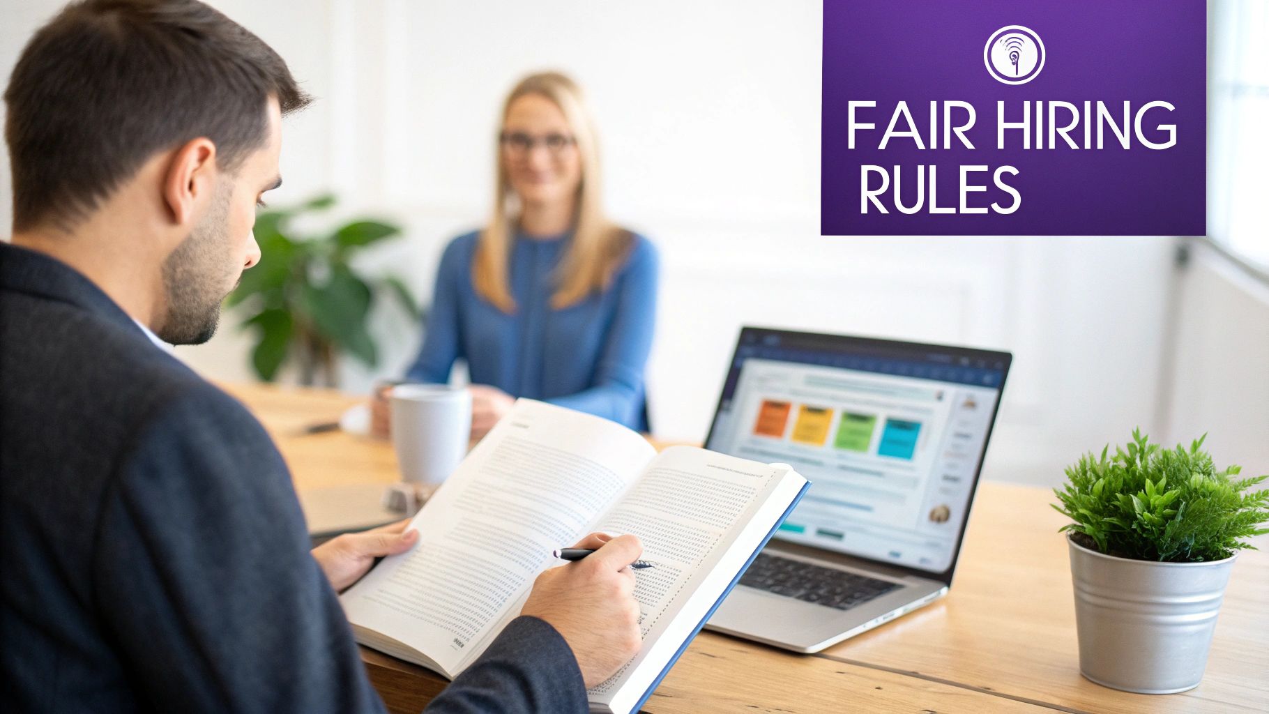 Professional man studying a book about fair hiring rules, with a laptop and a woman in the background.