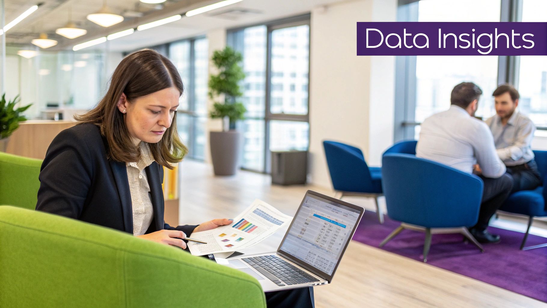 A team of professionals collaborating around a table with charts and data, representing a data-driven recruitment strategy meeting.