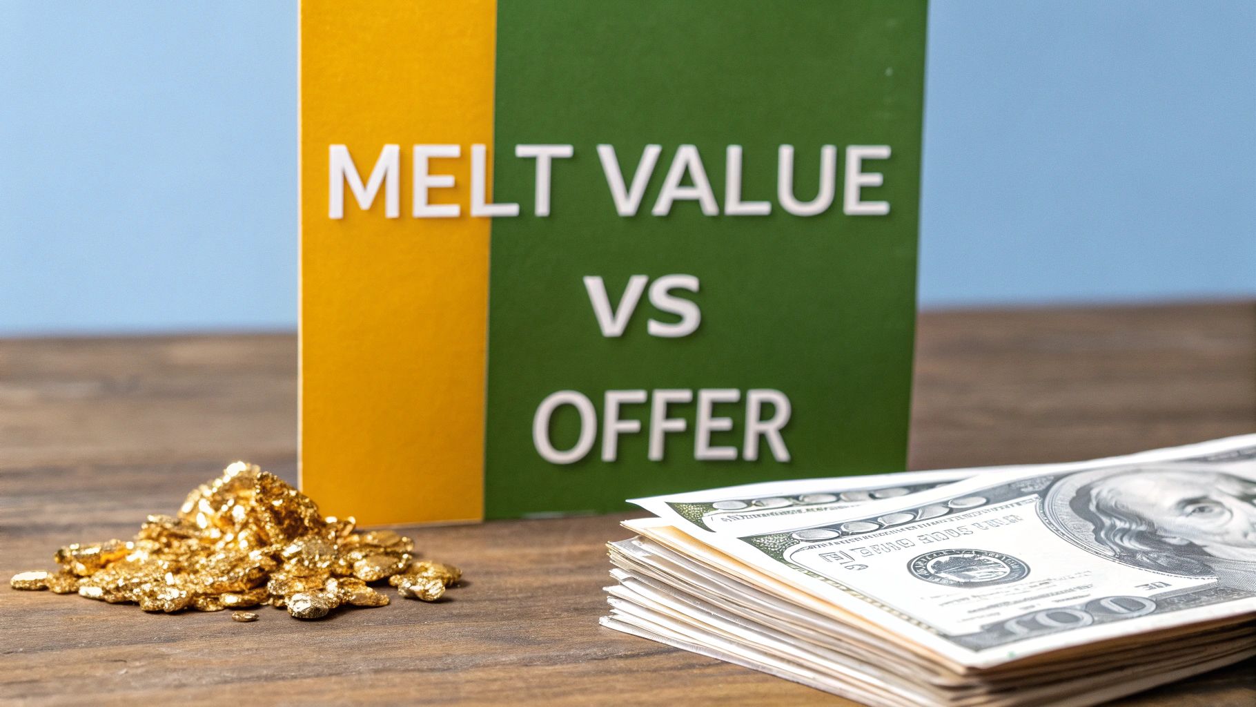 A sign displaying 'MELT VALUE VS OFFER' alongside gold nuggets and US dollar bills on a table.