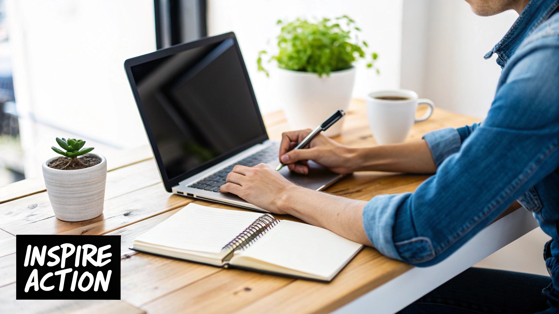 A person writing in a notebook, with a focused and creative expression.