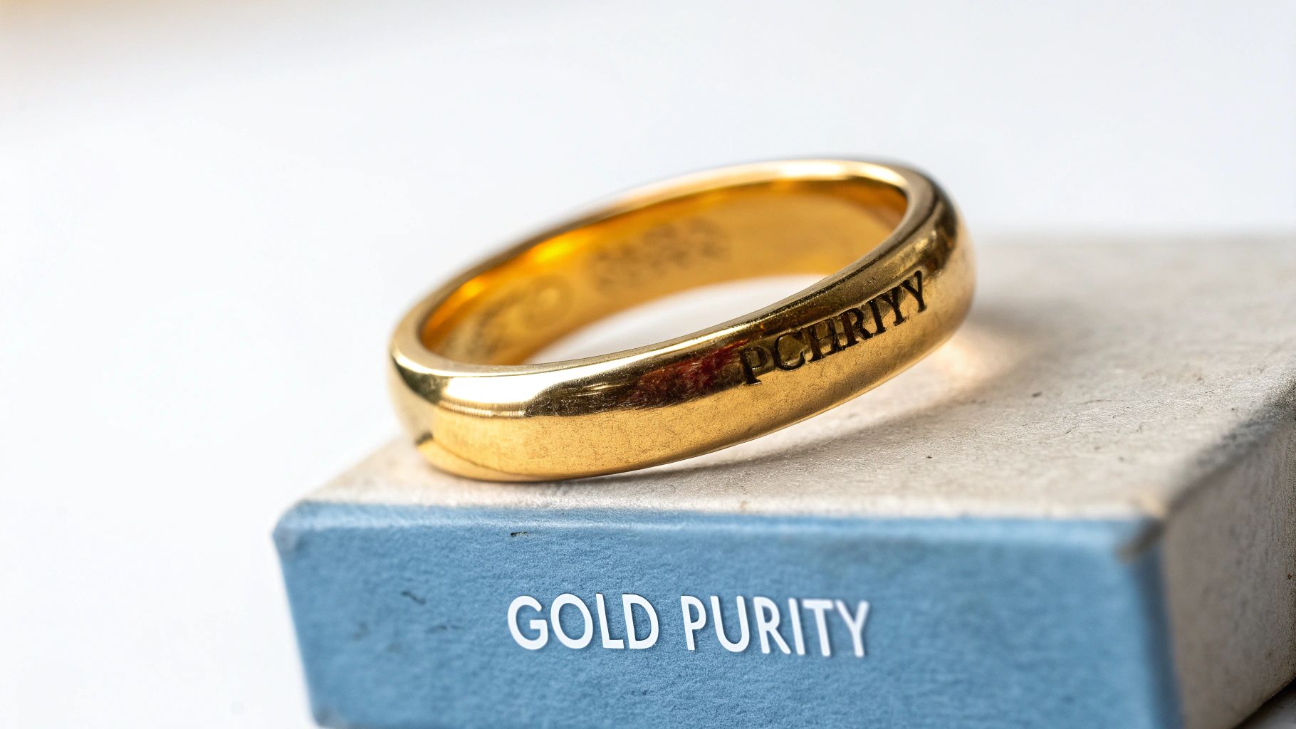 A magnifying glass held over several gold rings, focusing on the tiny purity stamps inside the bands.