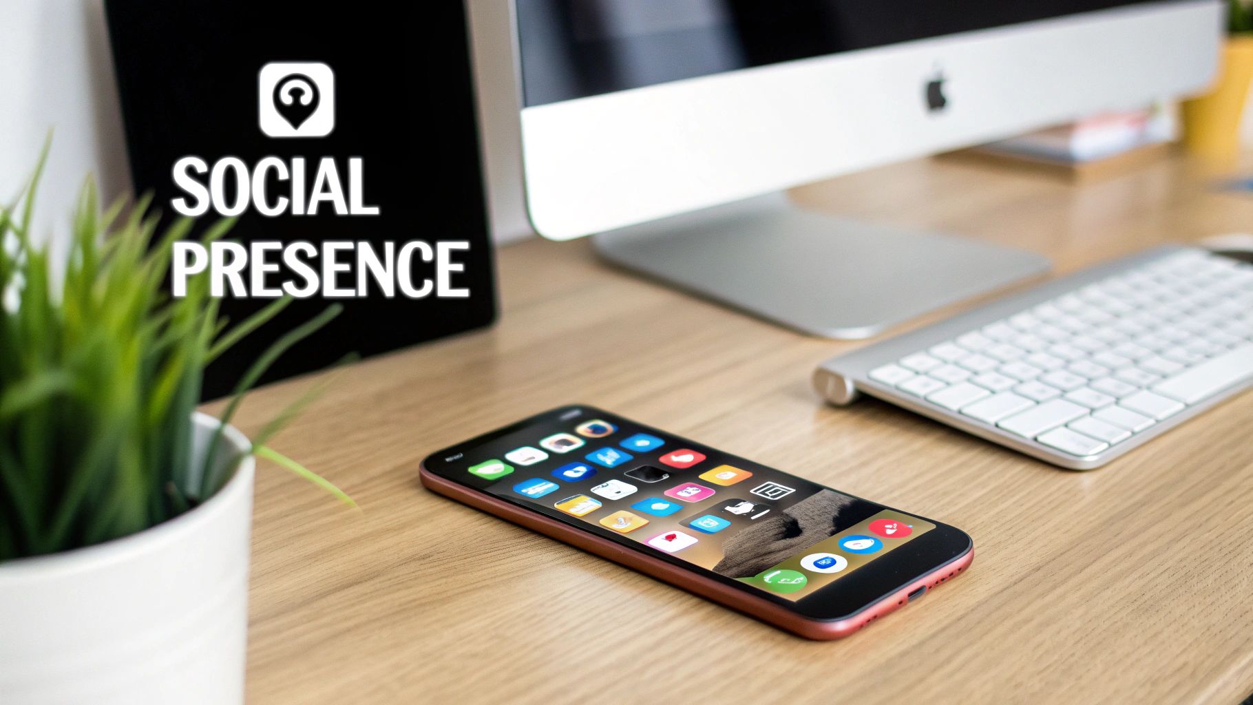 A desk setup with a computer, smartphone, and a sign displaying 'SOCIAL PRESENCE' for digital marketing.