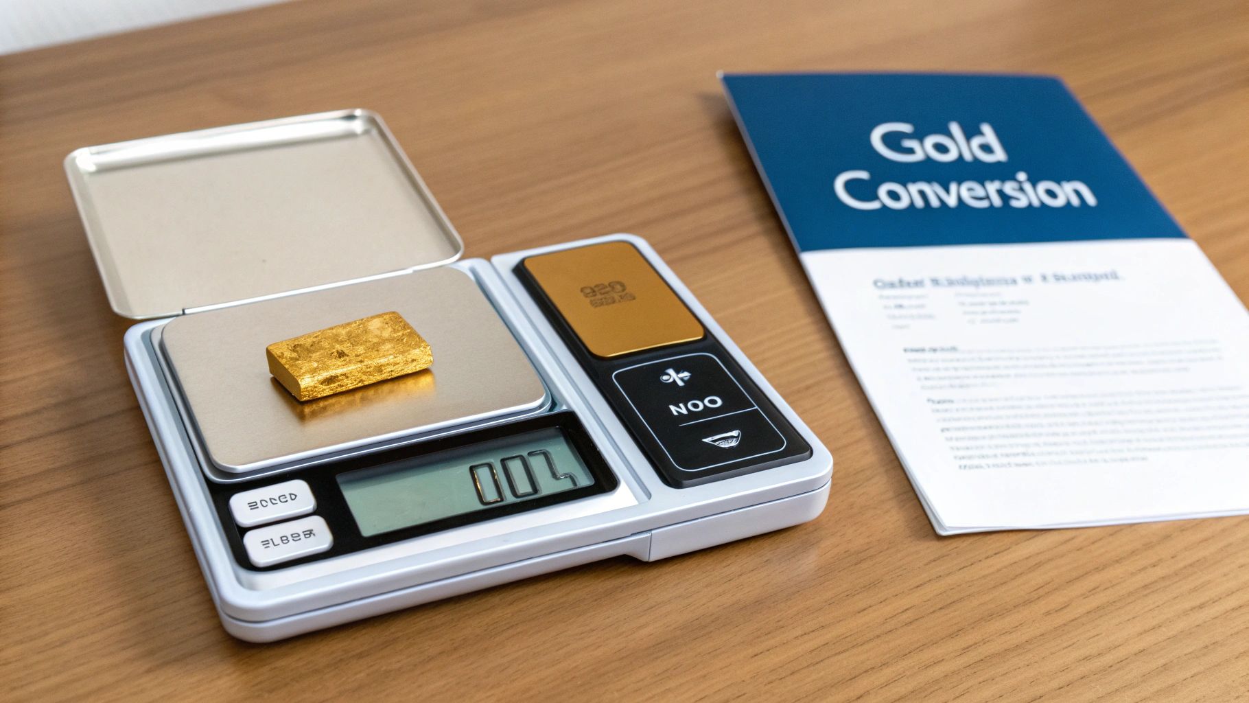 A gold bar weighing 7 grams on a digital scale, with a 'Gold Conversion' brochure nearby.