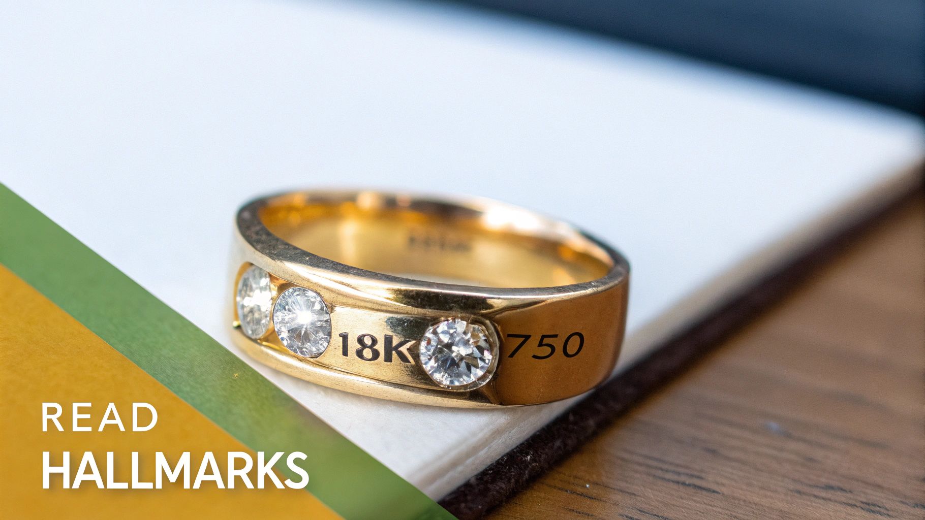 Close-up of a hallmark stamp on a piece of 18k gold jewelry