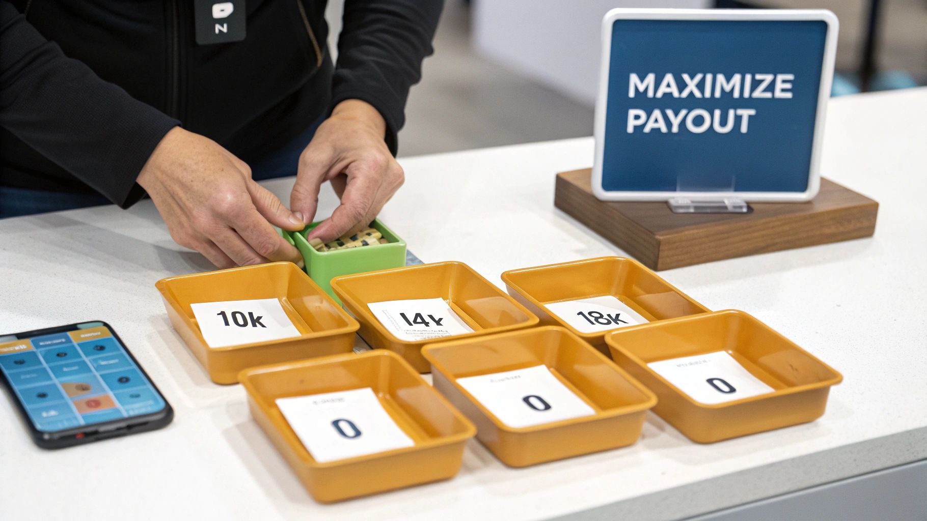 Hands interact with containers marked with monetary values like "10k" and "18k," beside a "MAXIMIZE PAYOUT" sign.