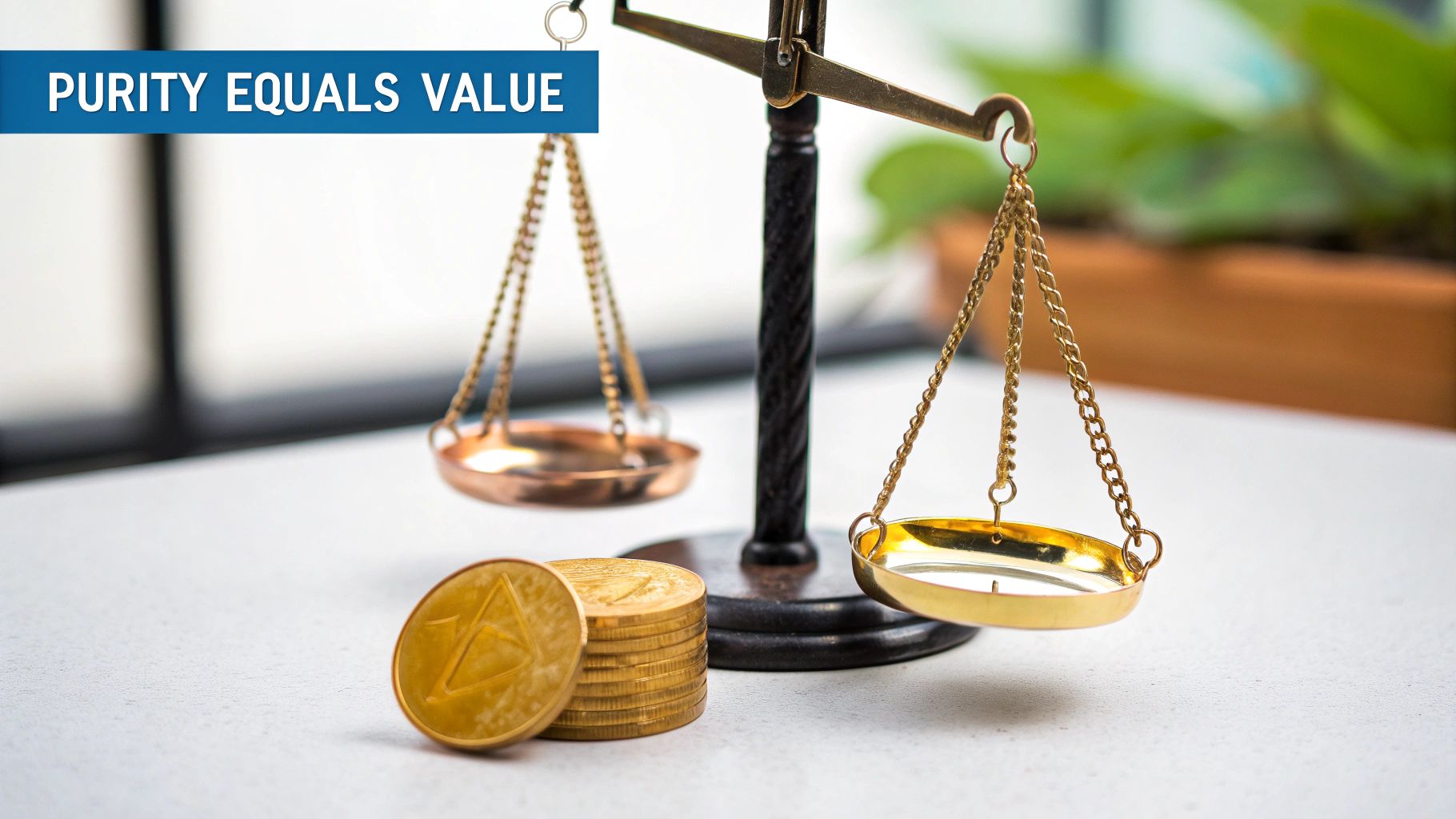 A hand holding a 24k gold bar next to a 14k gold necklace