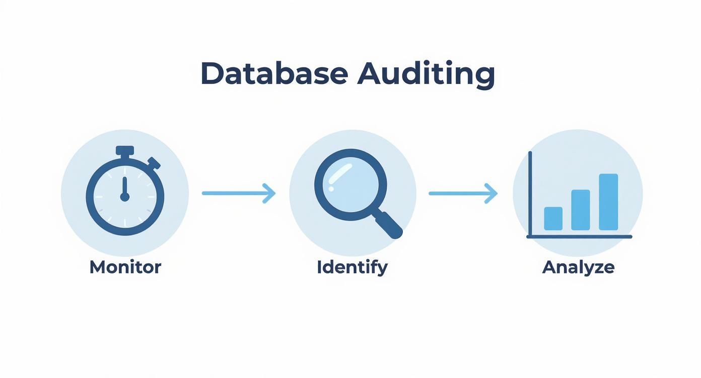 Infographic showing the database audit process with three steps: Monitor, Identify, and Analyze, using icons like a stopwatch, magnifying glass, and bar chart.