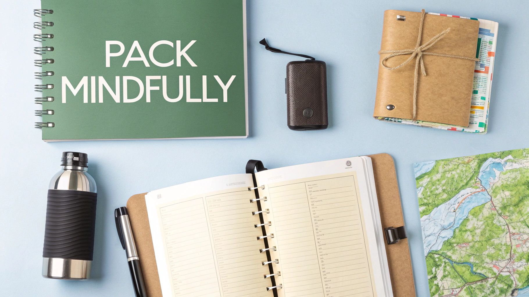 Overhead shot of travel planning essentials: a "PACK MINDFULLY" notebook, water bottle, planner, map, and charger.