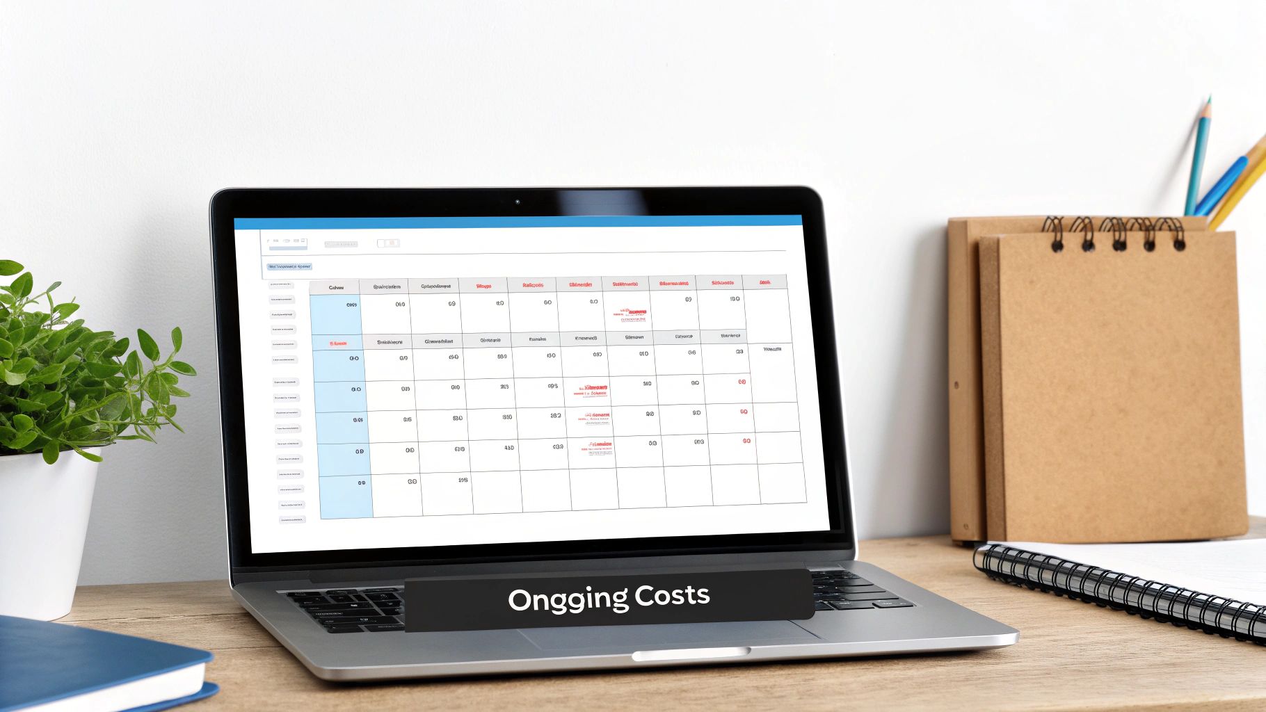 A laptop on a wooden desk displays a financial spreadsheet with 'Ongoing Costs' text. Plant and notebooks are nearby.