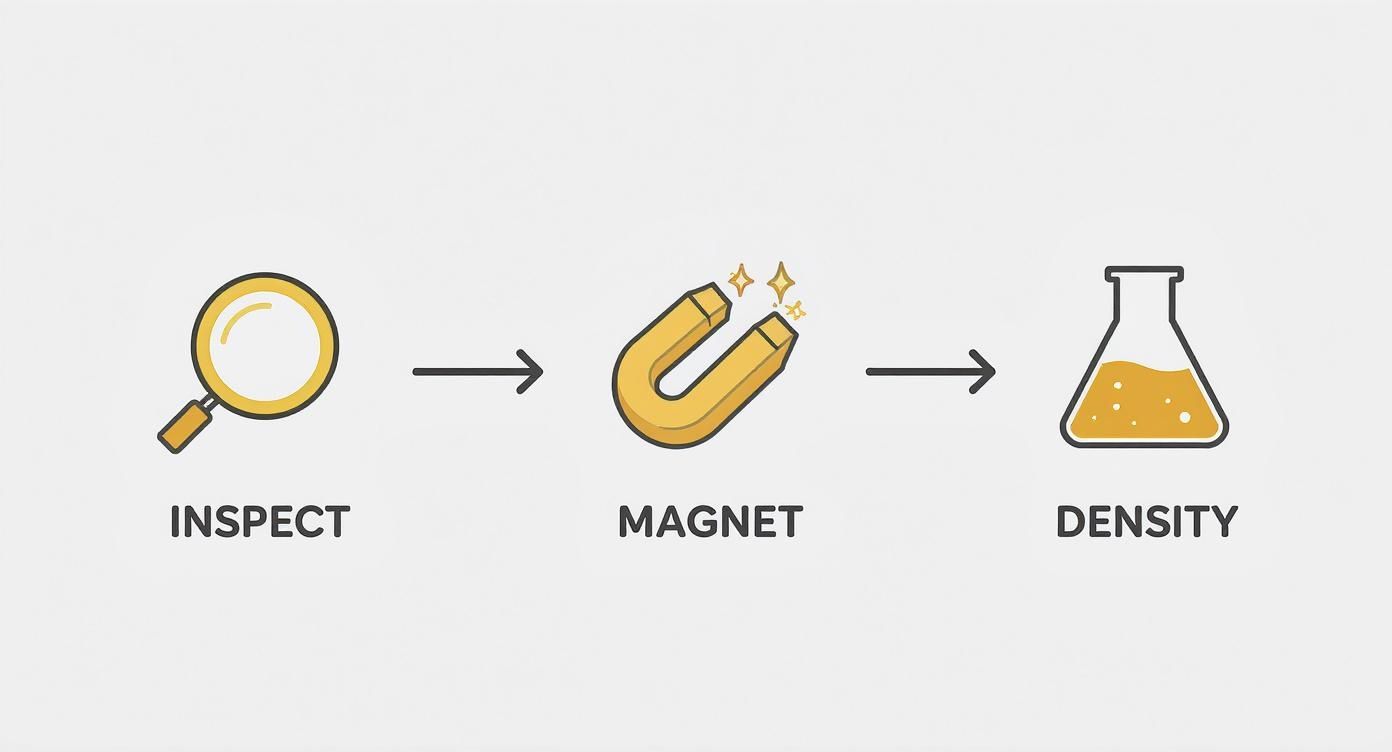 Infographic showing the process flow for at home gold testing from inspection to magnet test to density test