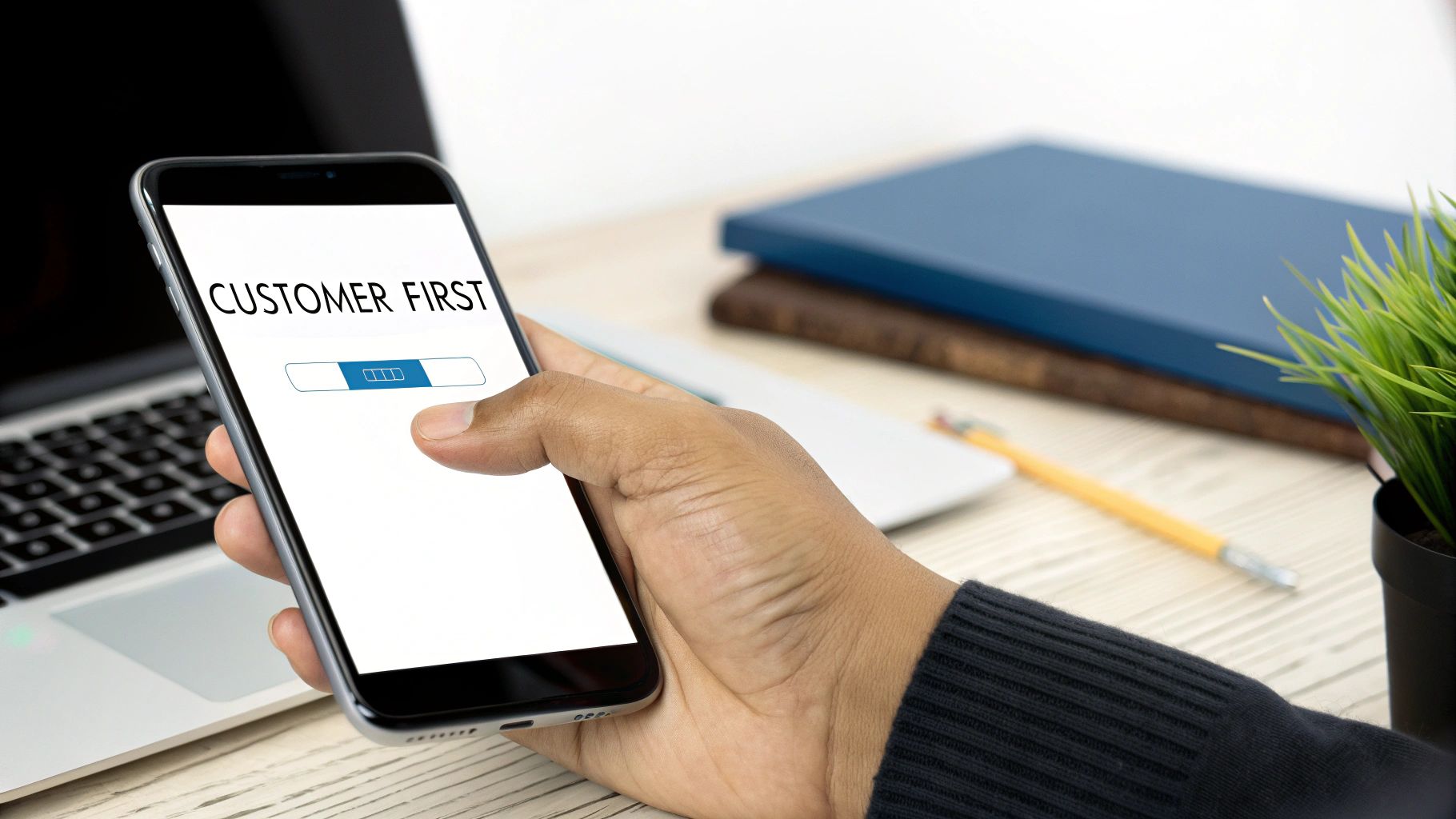 A person's hand holds a smartphone displaying 'CUSTOMER FIRST' and a progress bar, with a laptop and desk items in the background.