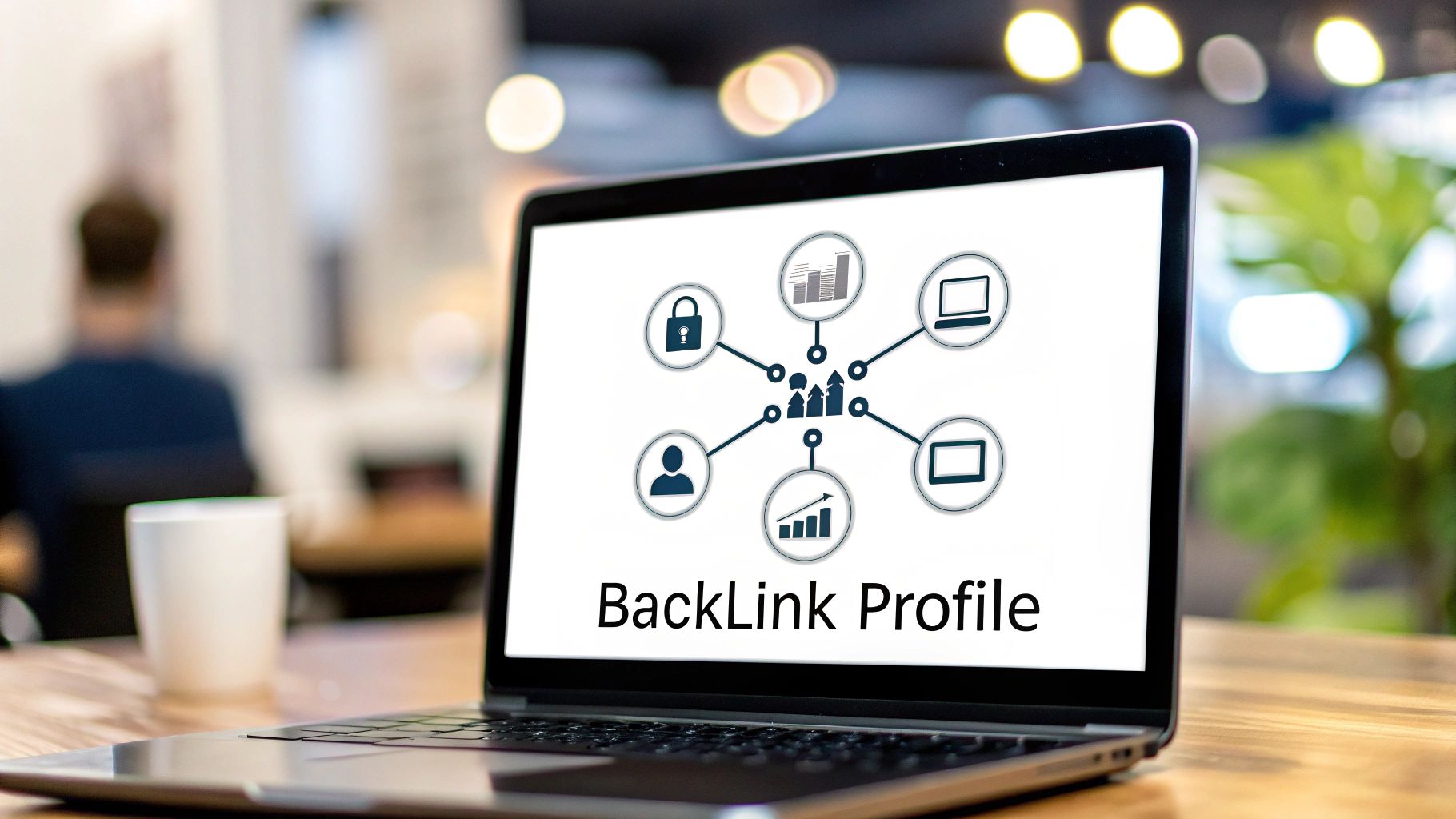 Laptop screen displaying a 'BackLink Profile' diagram with icons for security, users, data, and devices, illustrating SEO strategies.